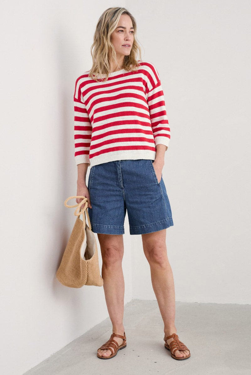 Seasalt Knavock Striped Jumper - Cornish Chalk Scarlet