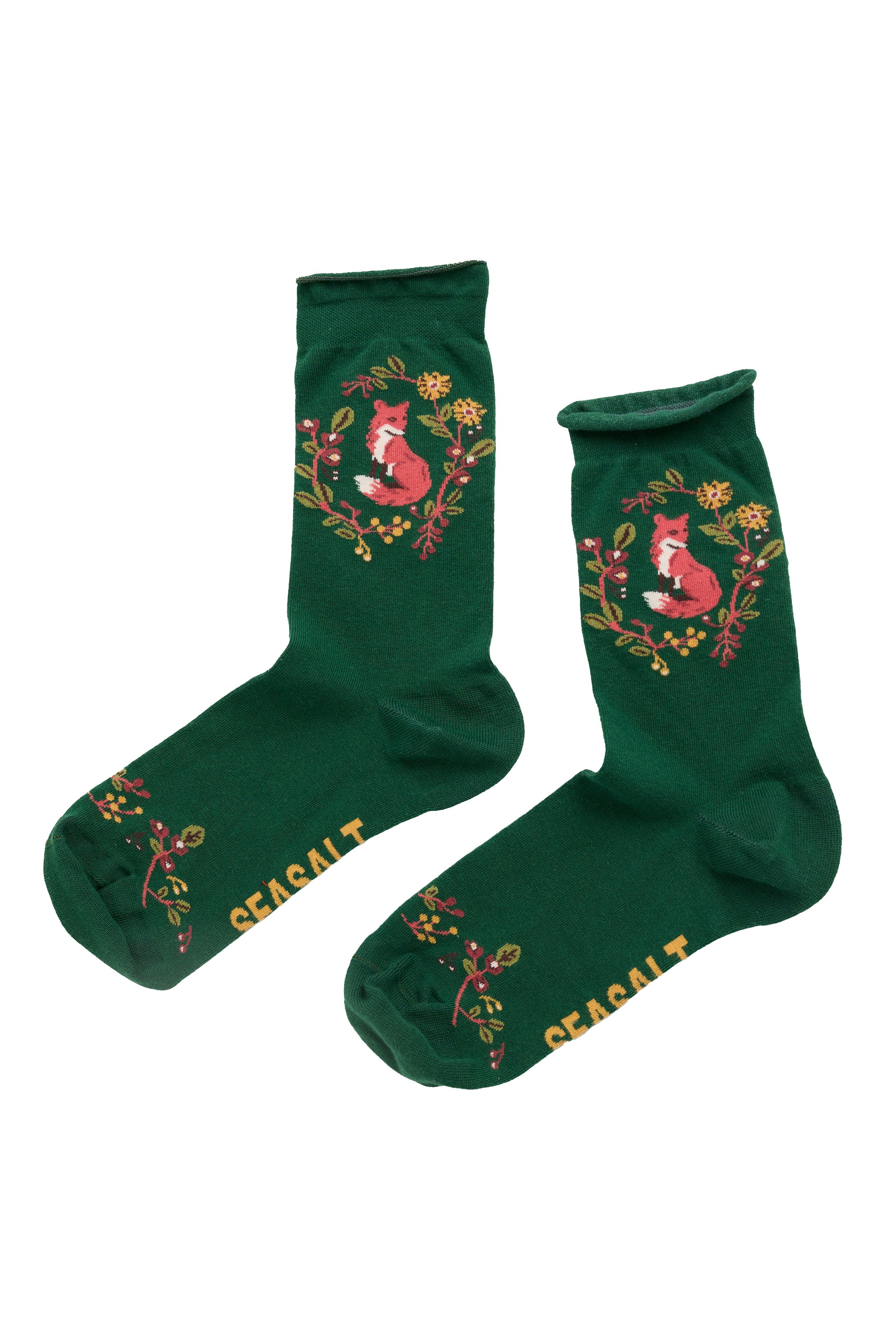 Seasalt Organic Cotton Arty Socks - Fox Wreath Evergreen B-AC34099_36209_OS