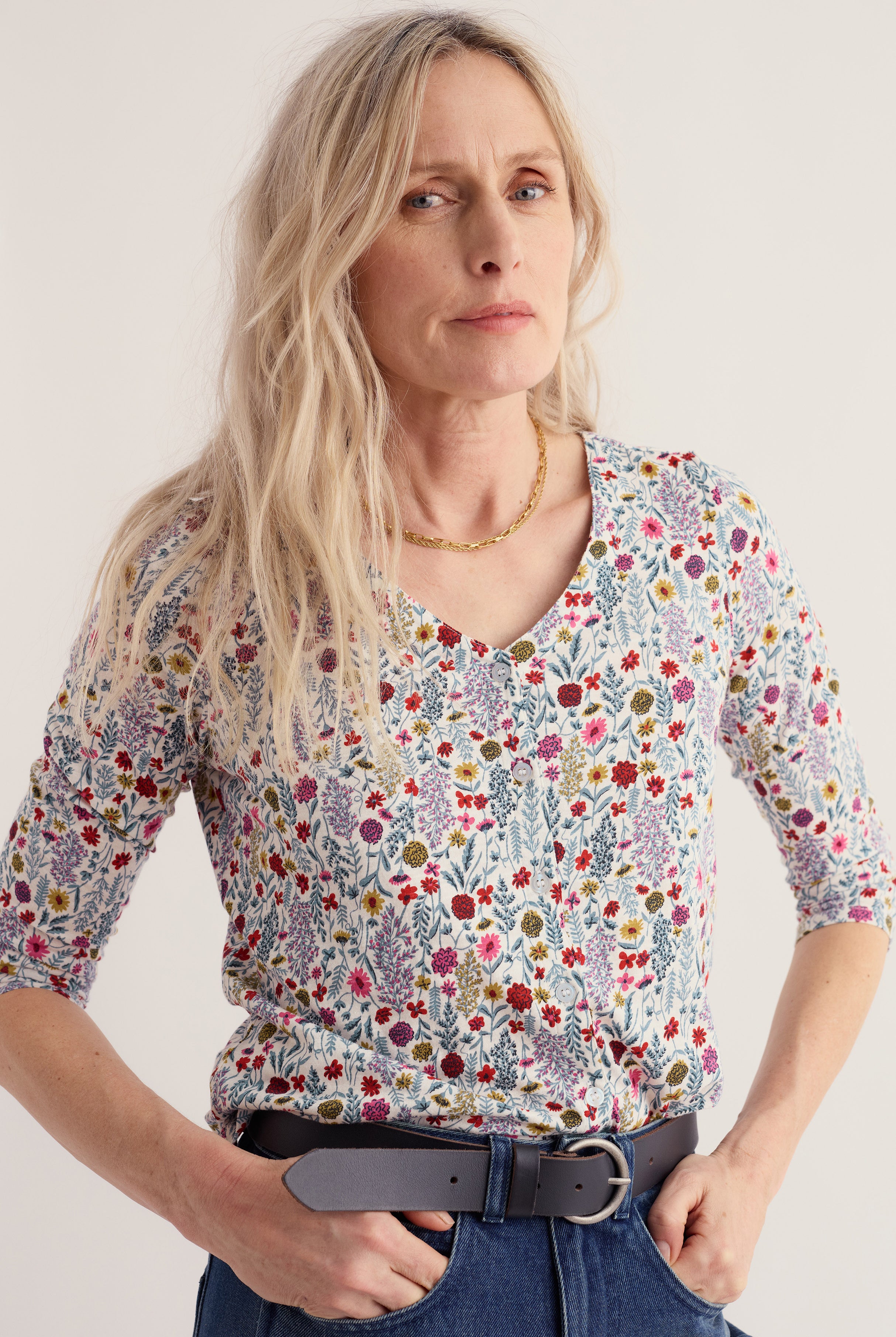Seasalt Studio 3/4 Button-Through Top - Wild Borders Chalk