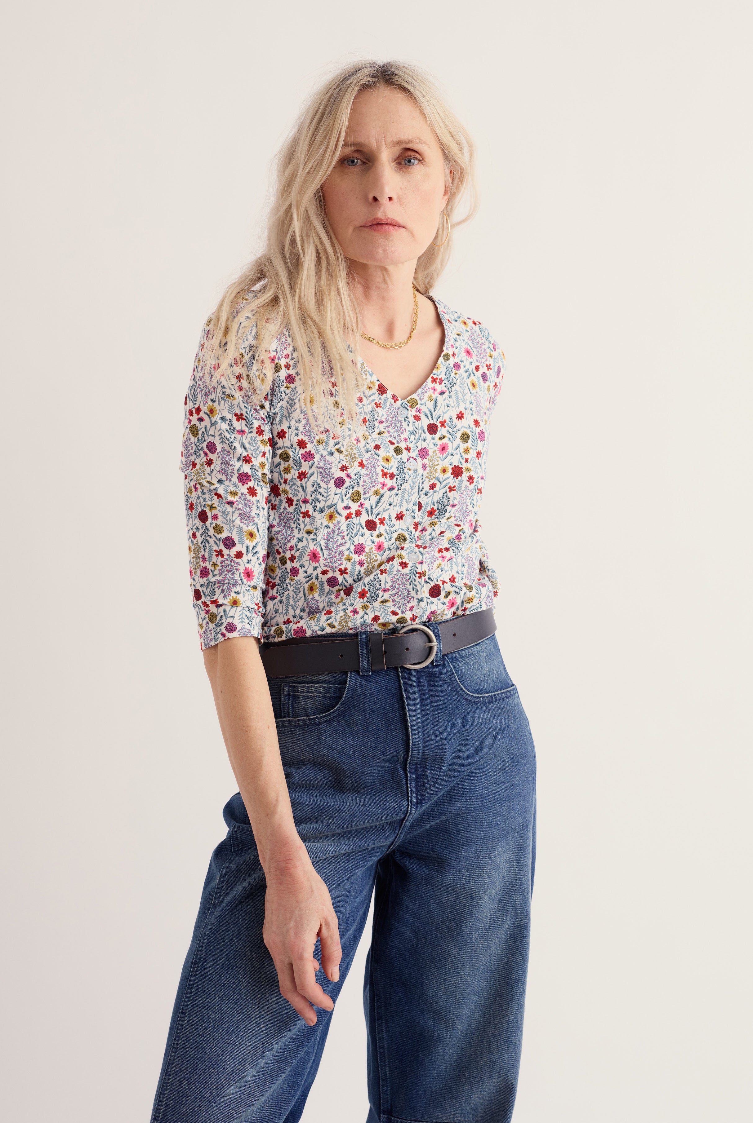 Seasalt Studio 3/4 Button-Through Top - Wild Borders Chalk