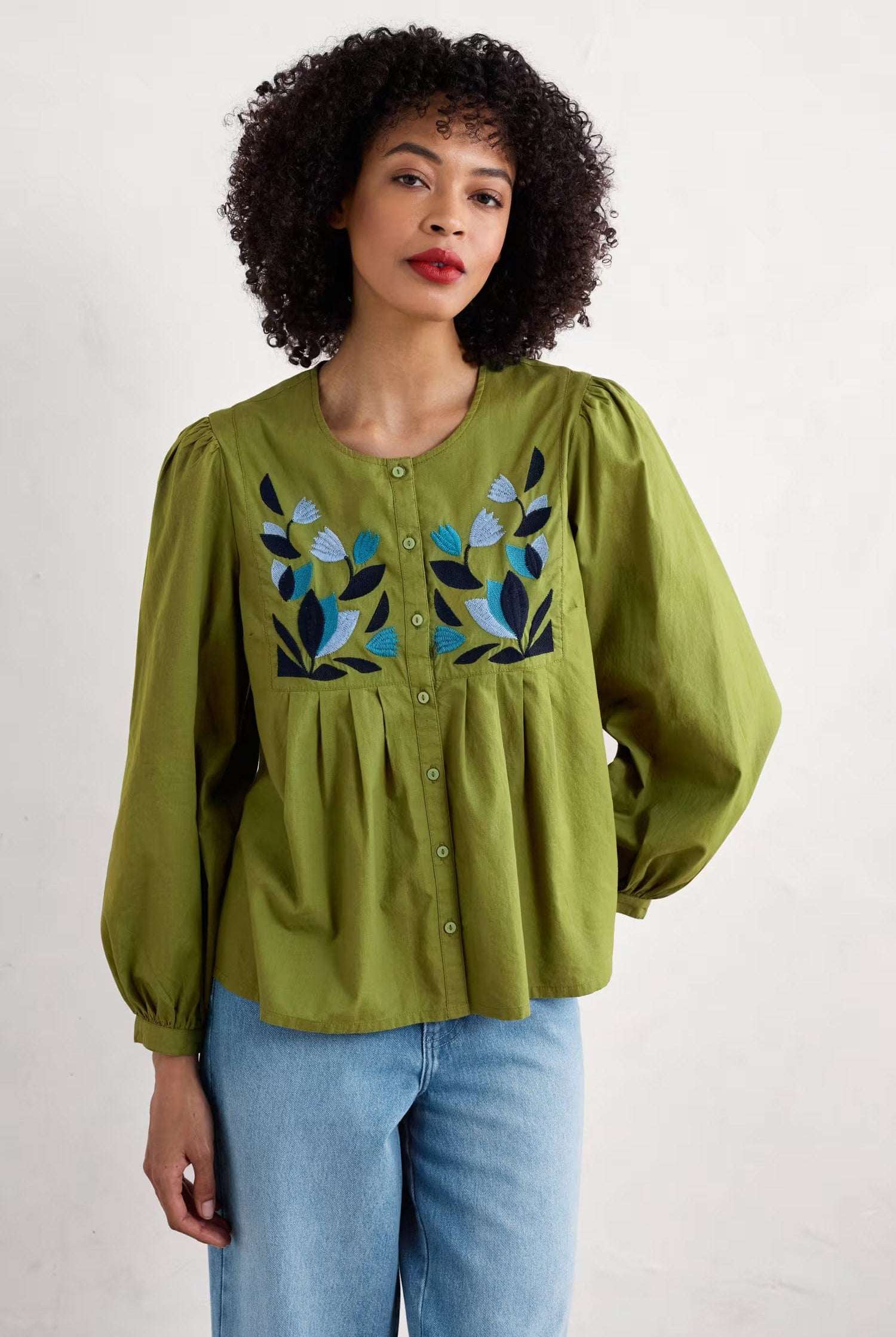 Seasalt Thornapple Organic Cotton Embroidered Shirt - Dark Citron