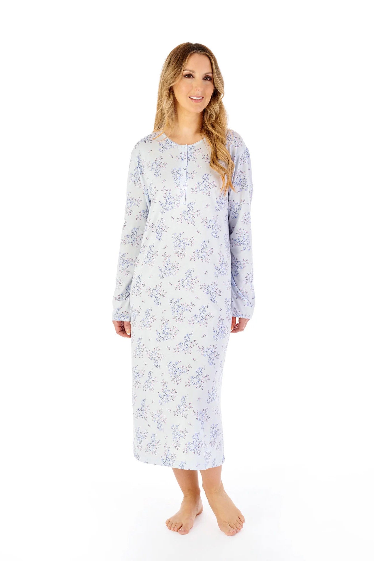 Slenderella Floral Print Bamboo Jersey Long Sleeve Nightdress - Blue