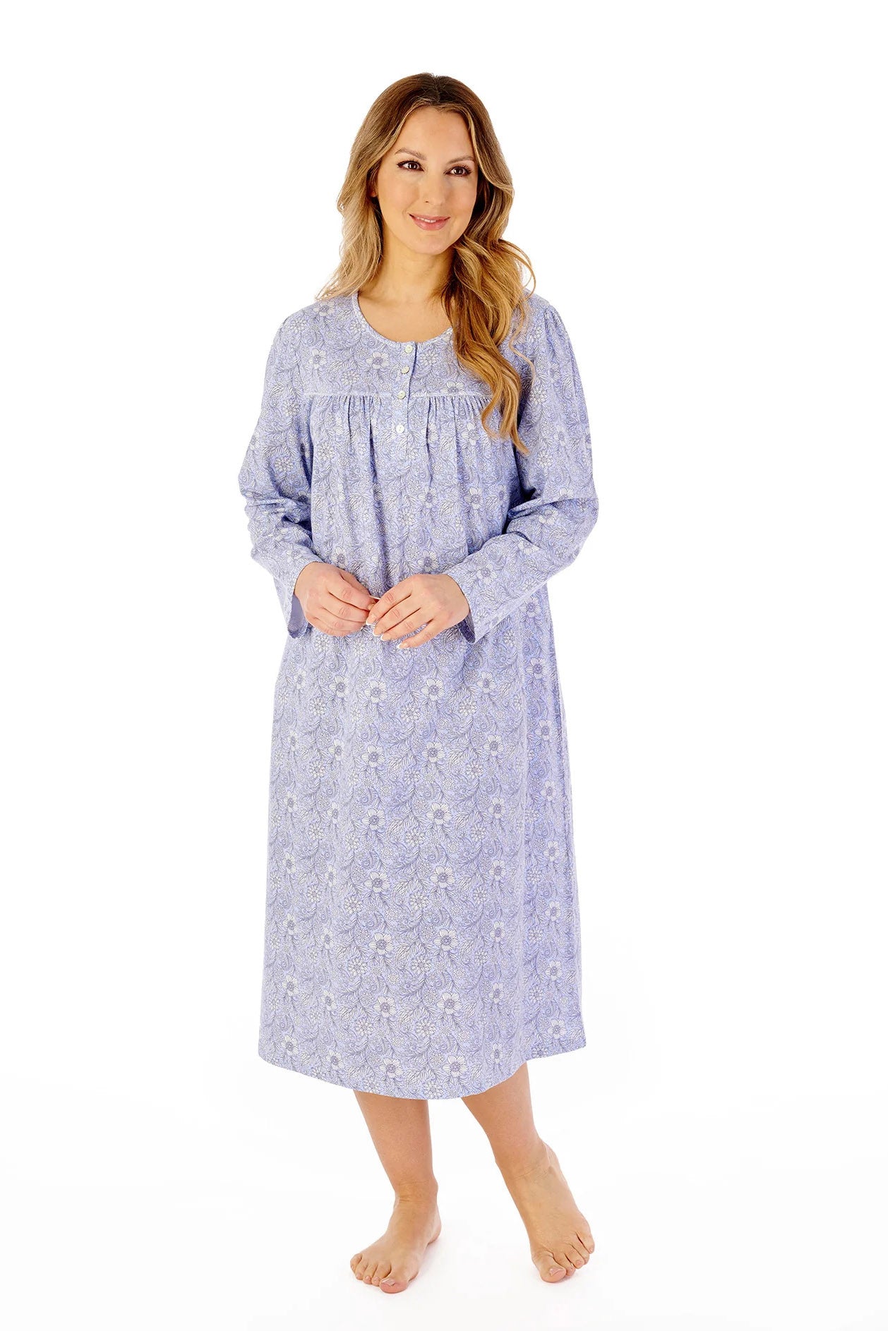 Slenderella Jersey Floral 45 Inch Long Sleeve Nightdress - Blue
