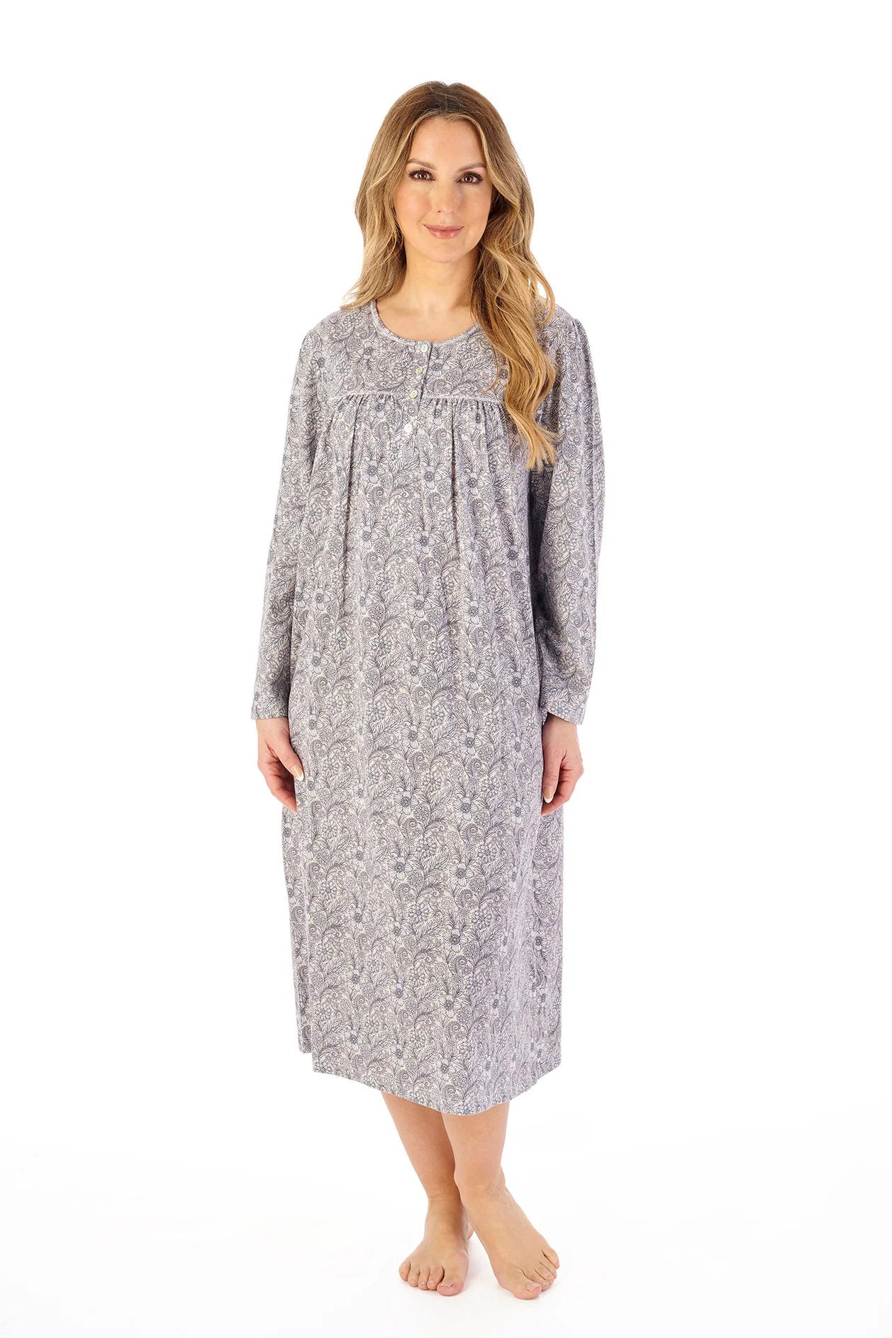 Slenderella Jersey Floral 45 Inch Long Sleeve Nightdress - Grey