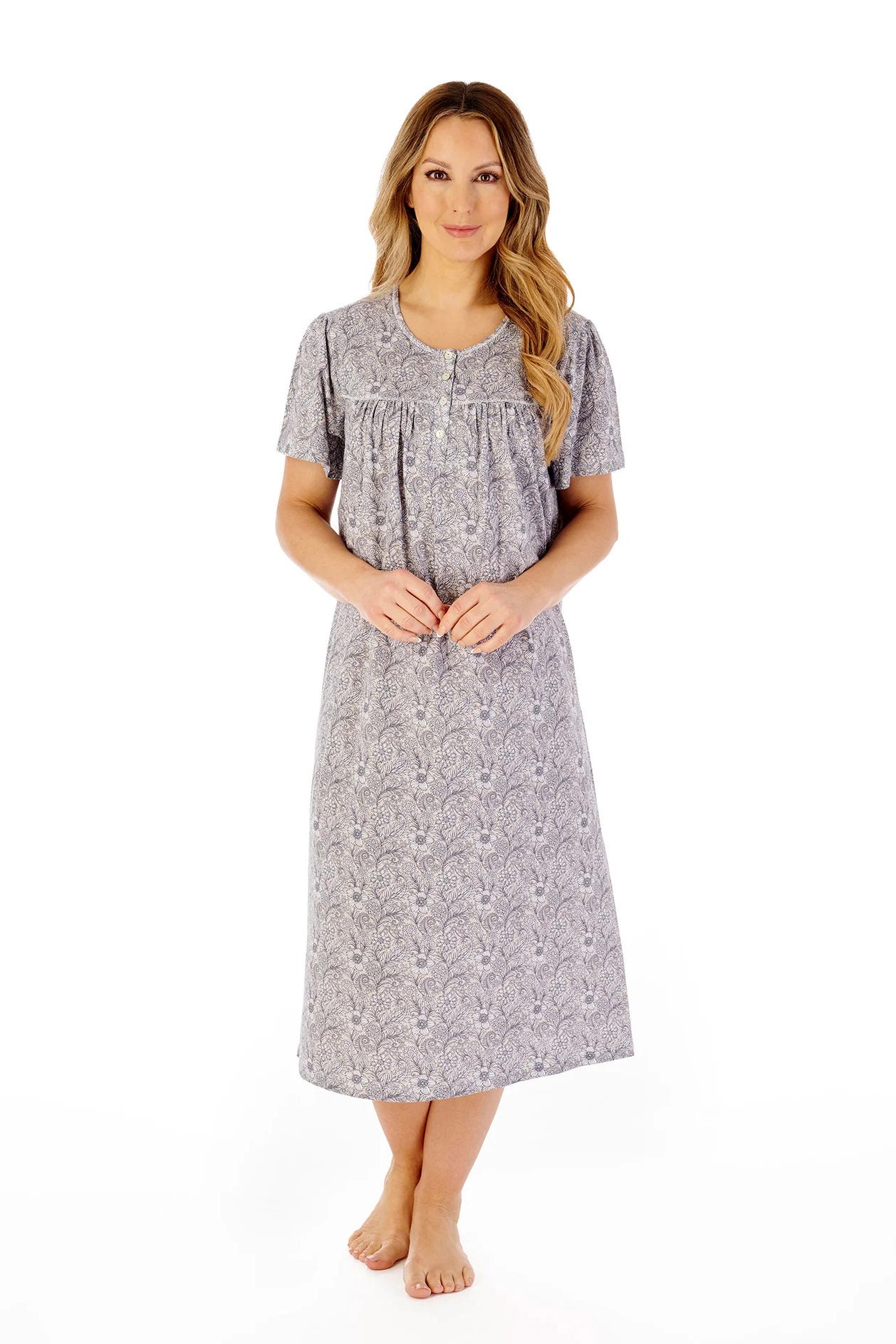 Slenderella Jersey Floral 45 Inch Short Sleeve Nightdress - Grey