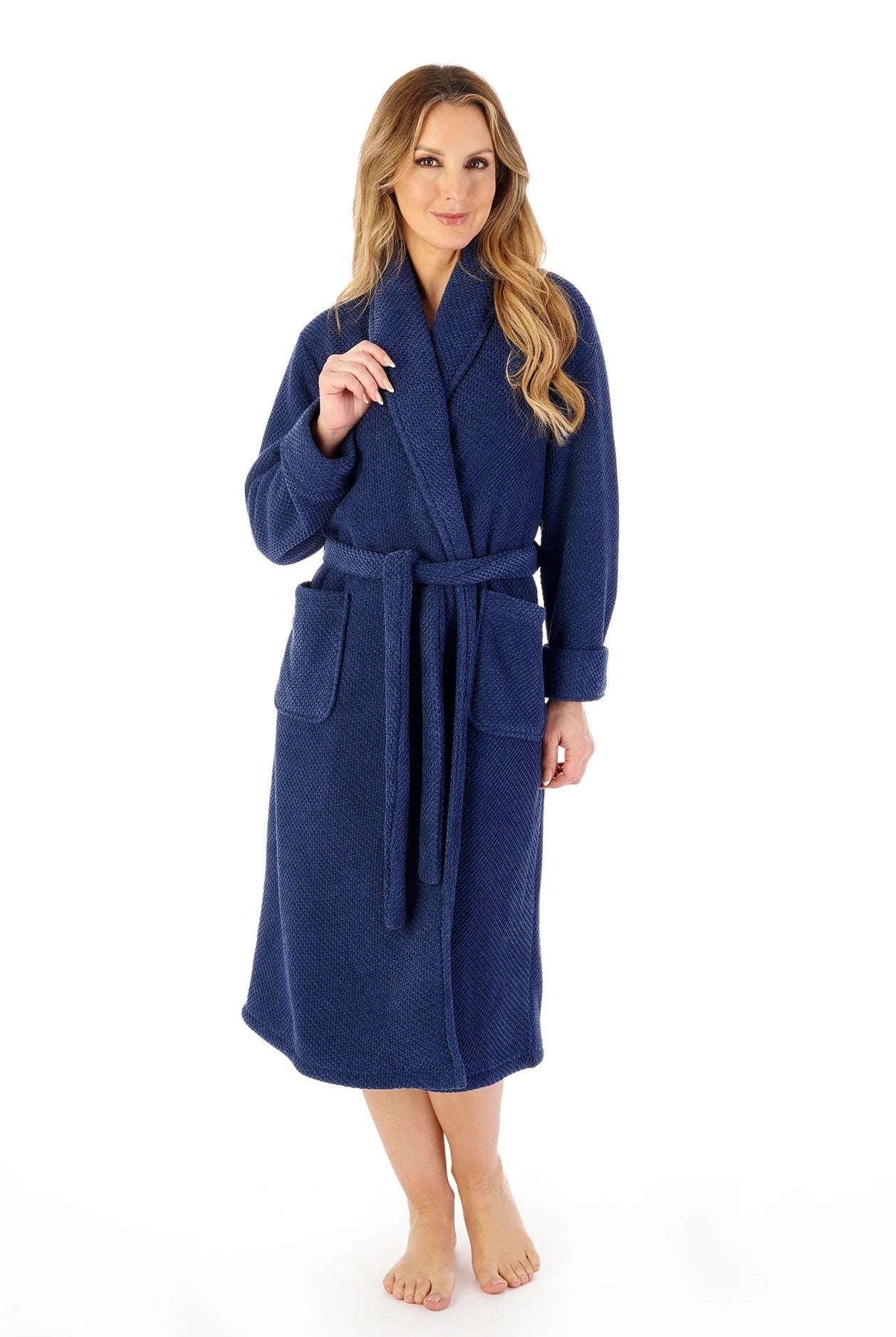 Slenderella Soft Waffle Faux Fur Lined 46 Inch Dressing Gown - Navy