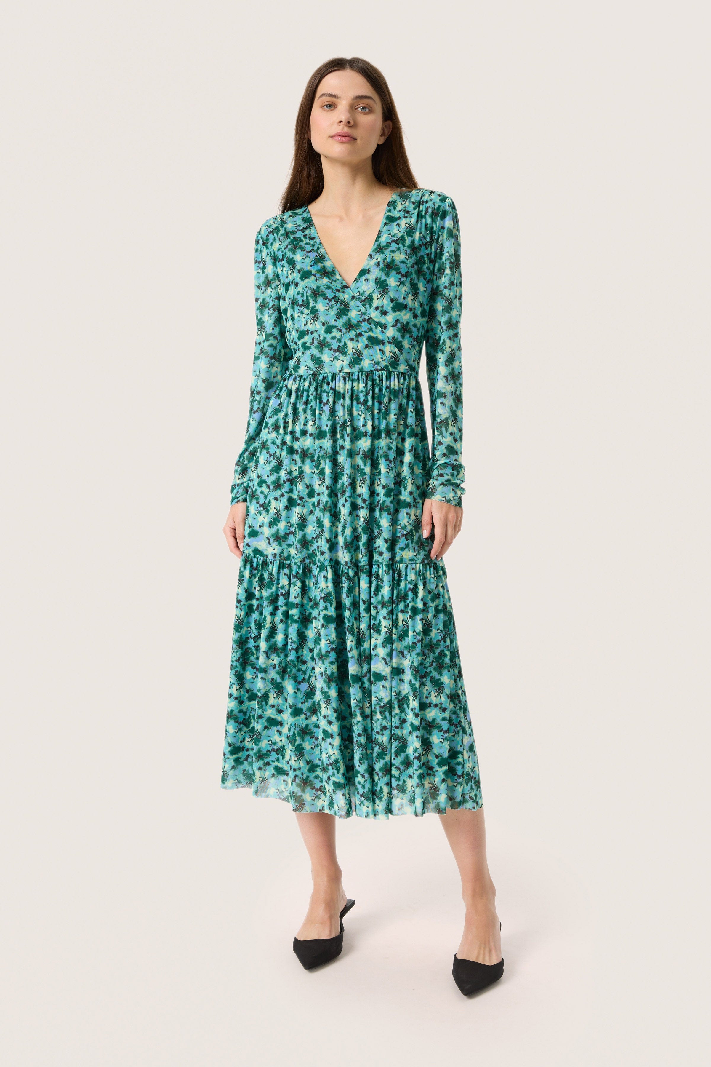 Soaked in Luxury Aldora Nora Mesh Long Sleeve Midi Dress - Green Brushed Floral