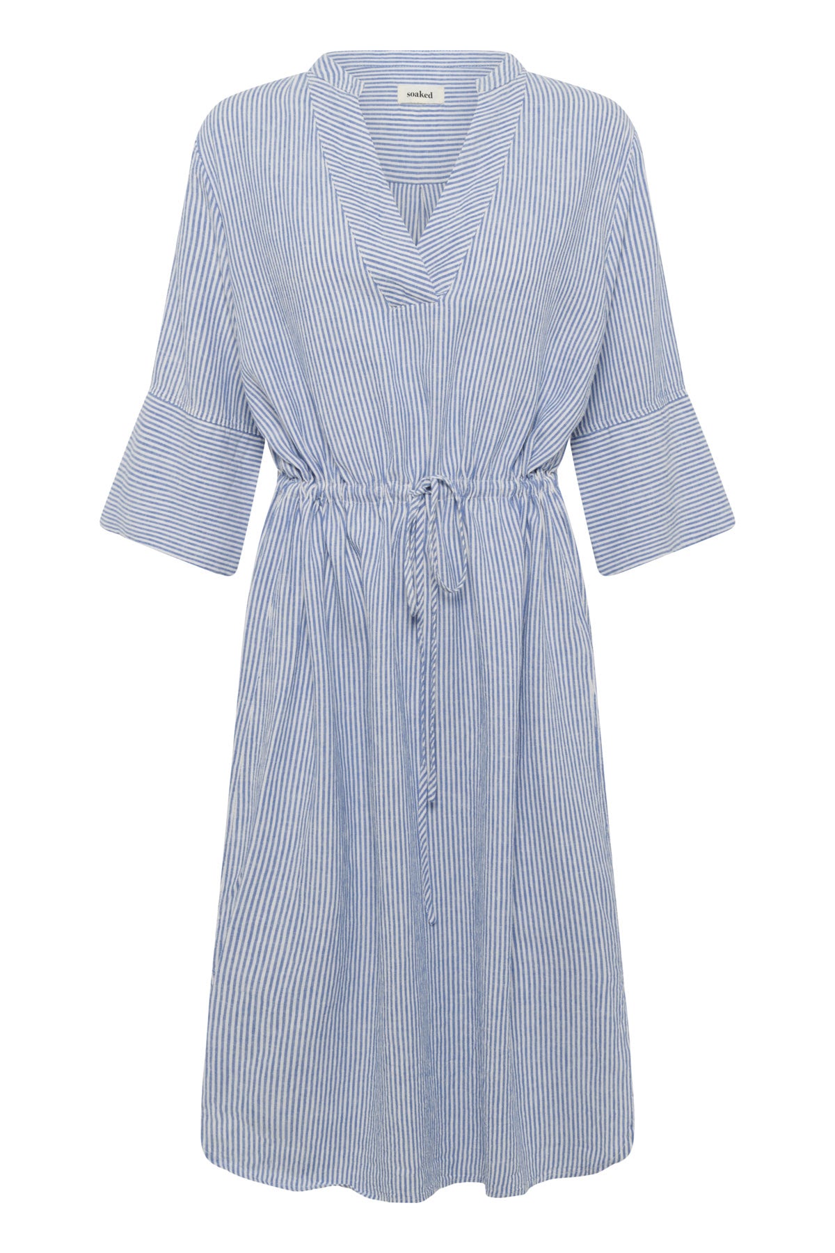 Soaked in Luxury Aria Stripe Linen Blend Midi Dress - Regatta and White Stripe