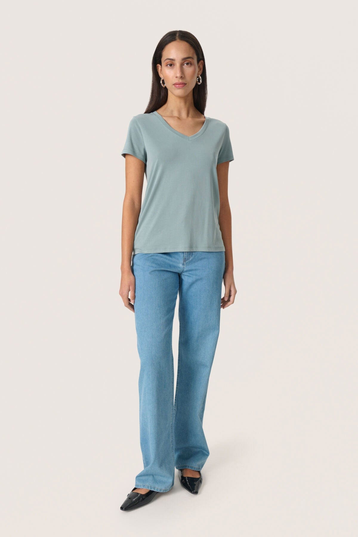 Soaked in Luxury Columbine V-Neck Short Sleeve - Silver Blue