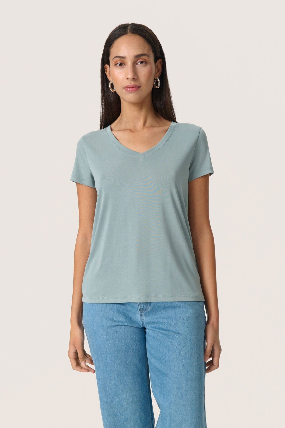 Soaked in Luxury Columbine V-Neck Short Sleeve - Silver Blue