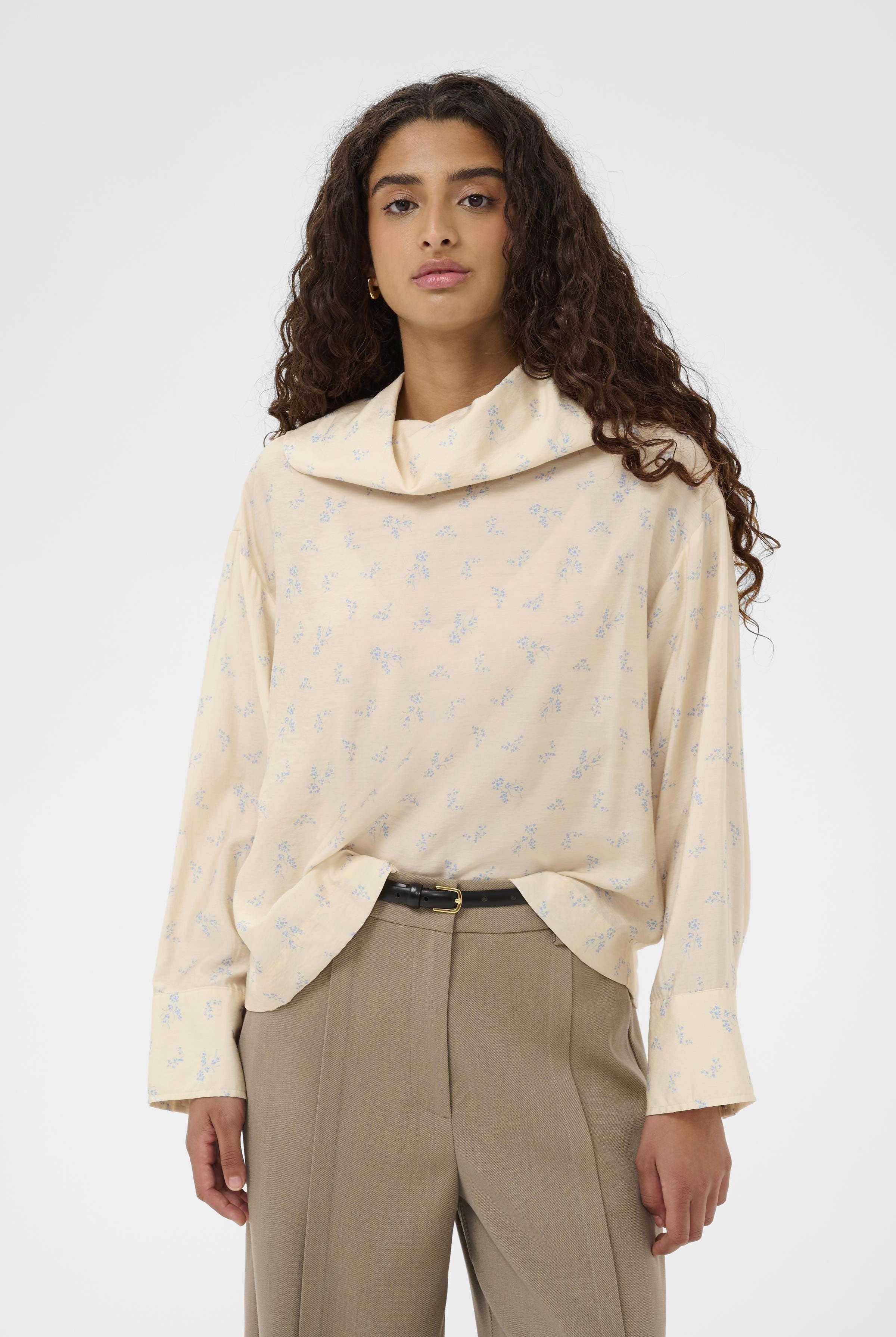 Soaked in Luxury Eneya Printed Funnel Blouse - Parchment Ditsy Print
