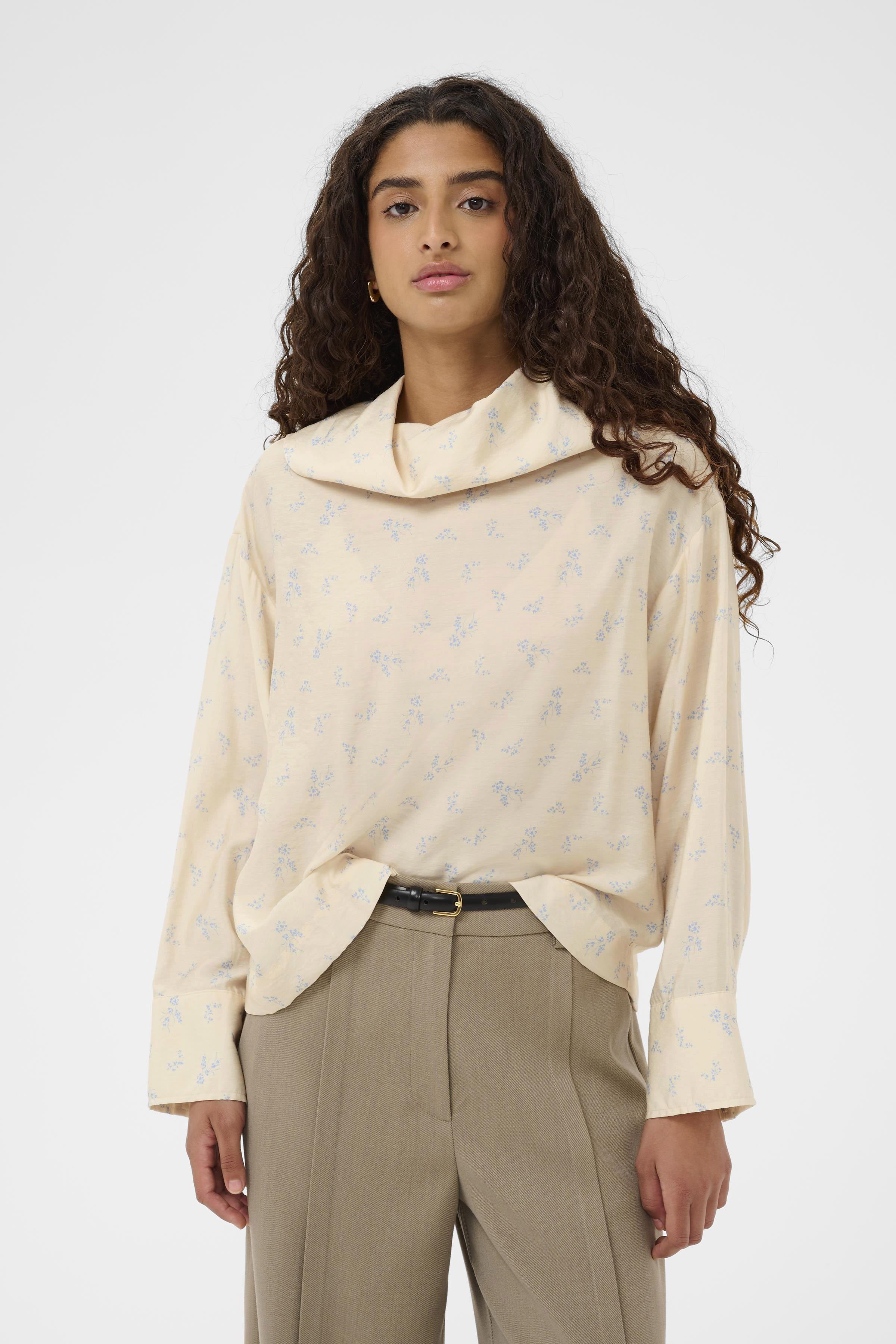 Soaked in Luxury Eneya Printed Funnel Blouse - Parchment Ditsy Print