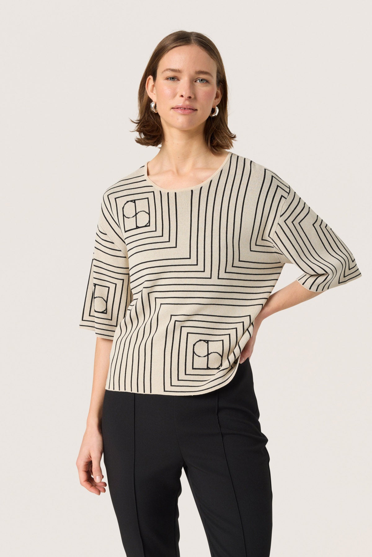 Soaked in Luxury Indianna Short Sleeve Jumper - Oatmeal with Black Monogram