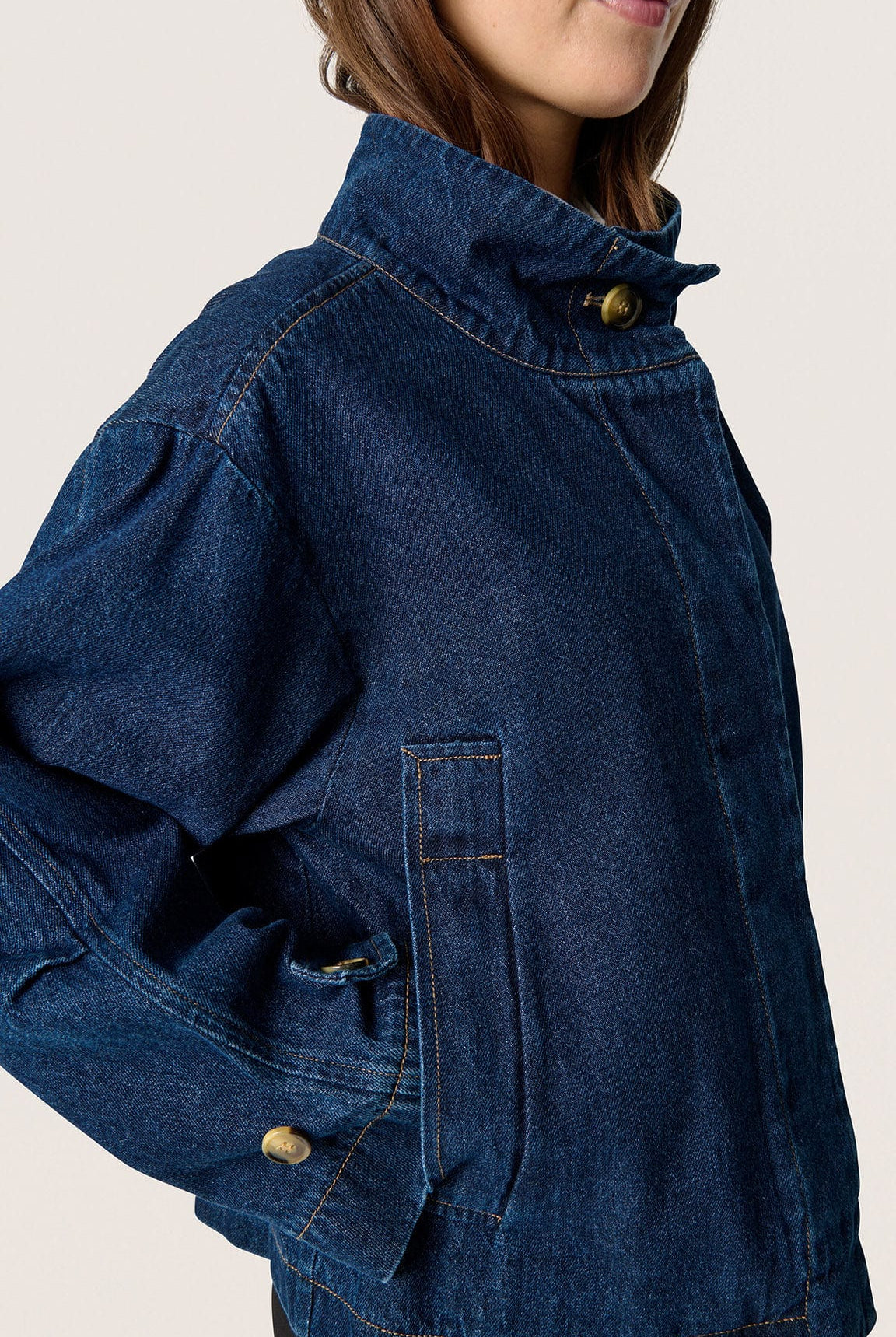 Soaked in Luxury Jannine Cade Stand Collar Denim Jacket - Dark Blue Denim