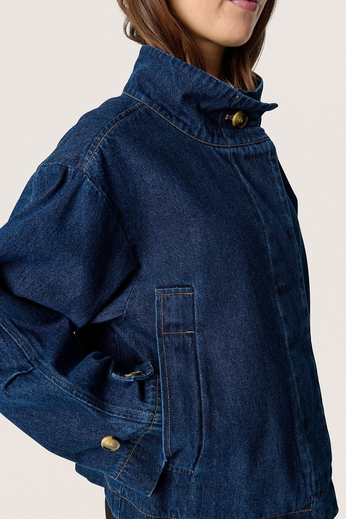 Soaked in Luxury Jannine Cade Stand Collar Denim Jacket - Dark Blue Denim