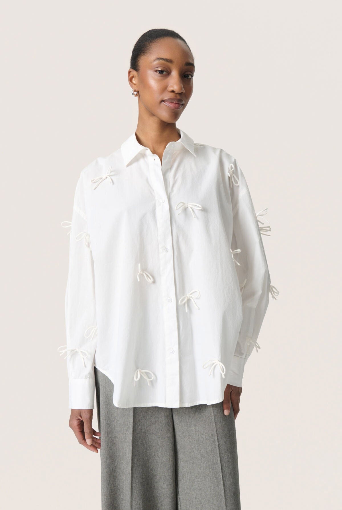 Soaked in Luxury Joa Bow Embellished Shirt - Broken White