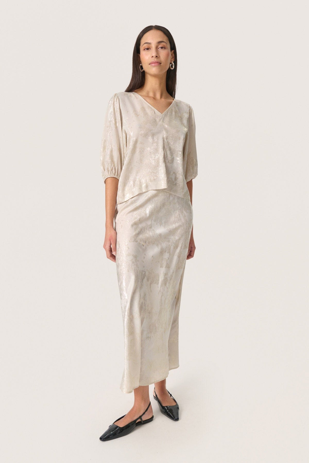 Soaked in Luxury Kitty Blouse - Ancient Scroll Metallic Print