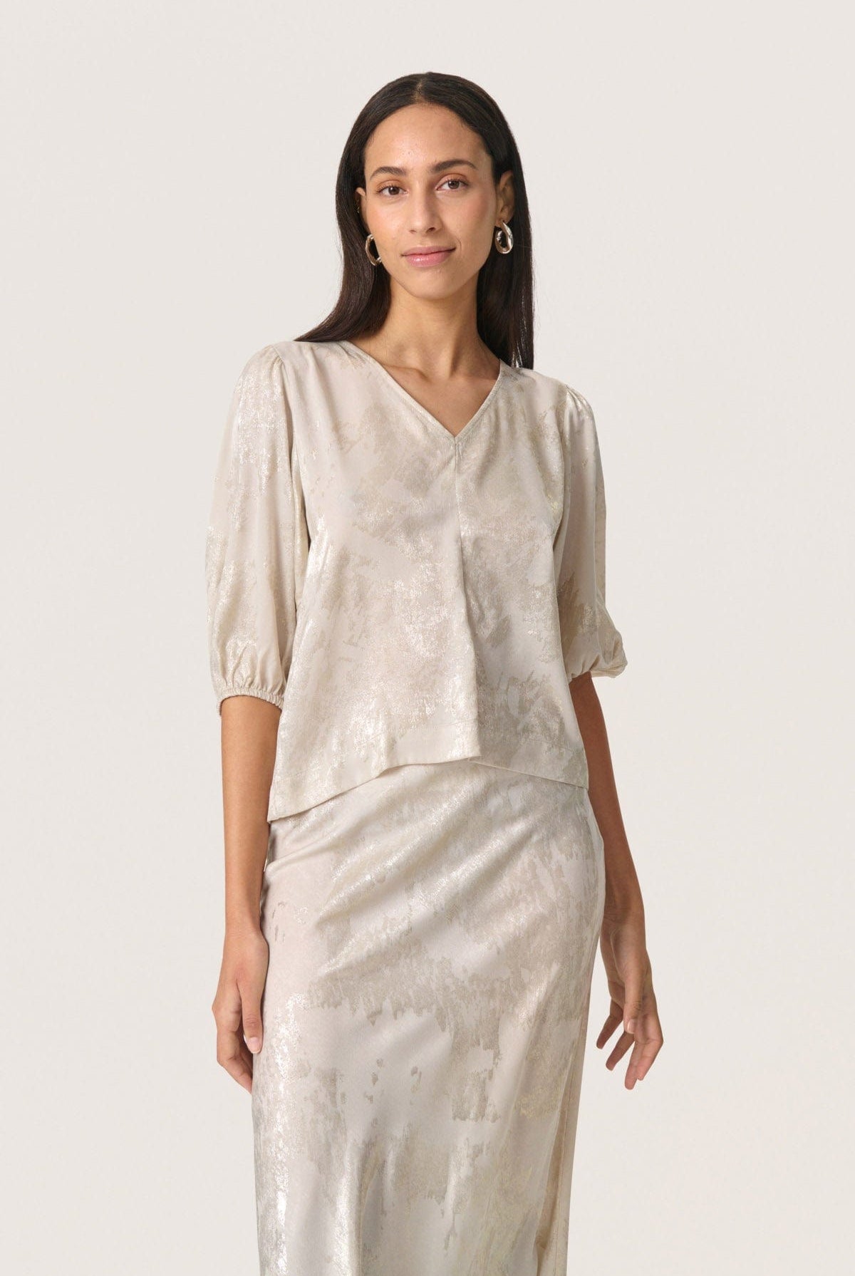 Soaked in Luxury Kitty Blouse - Ancient Scroll Metallic Print