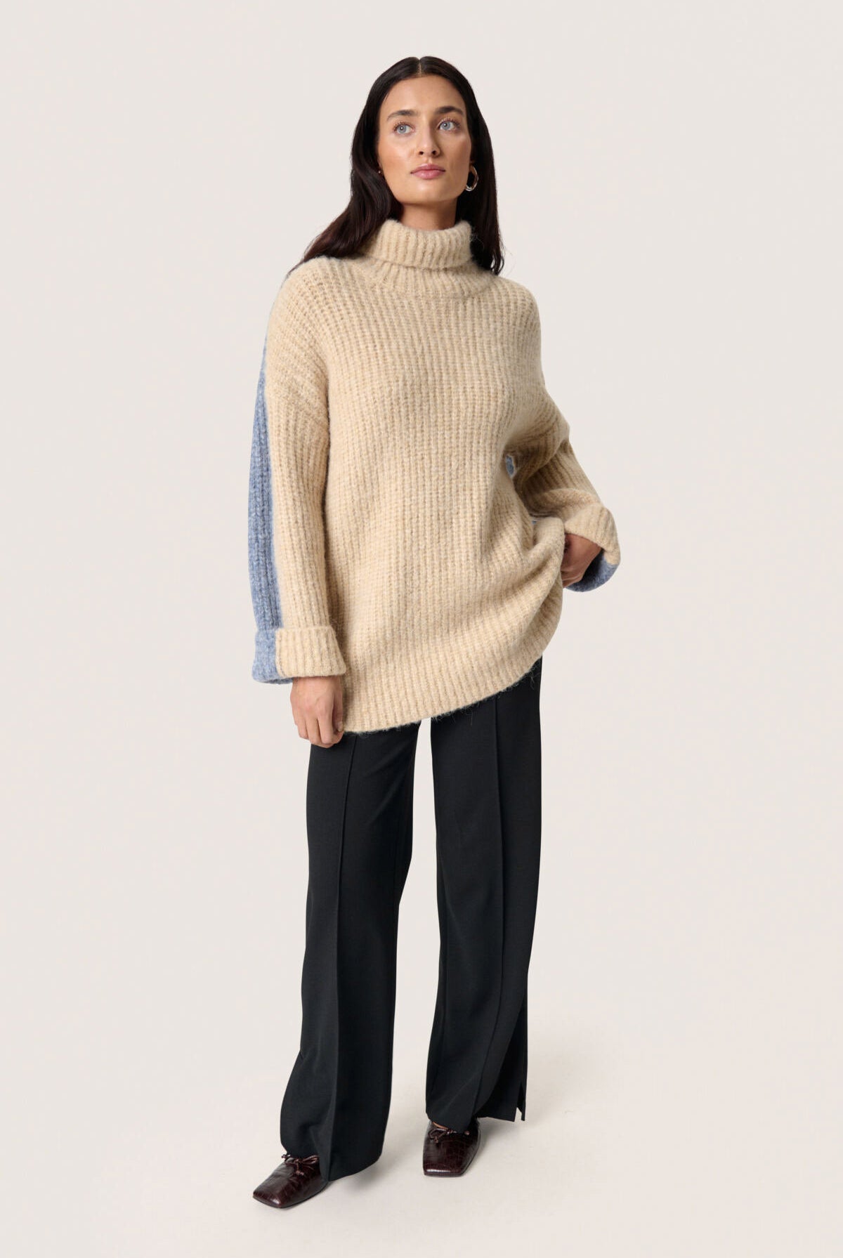 Soaked in Luxury Pleoni Contrast Back Wool Blend Jumper - Doeskin and Blue Melange