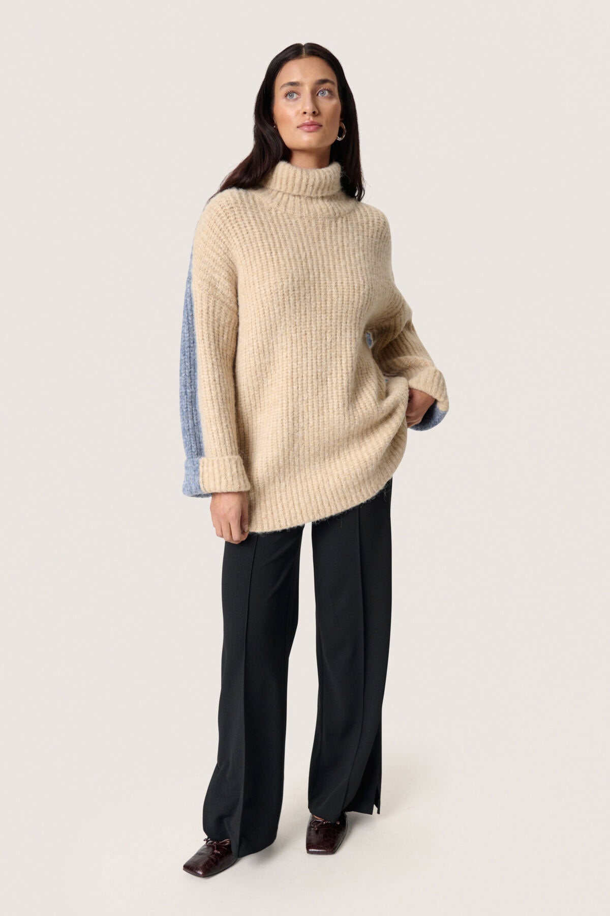 Soaked in Luxury Pleoni Contrast Back Wool Blend Jumper - Doeskin and Blue Melange
