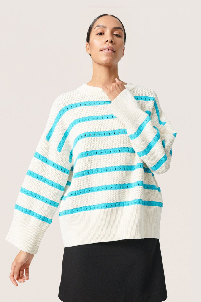 Soaked in Luxury Ravalina Stripe Knitted Jumper - White and Sea Jet Stripe