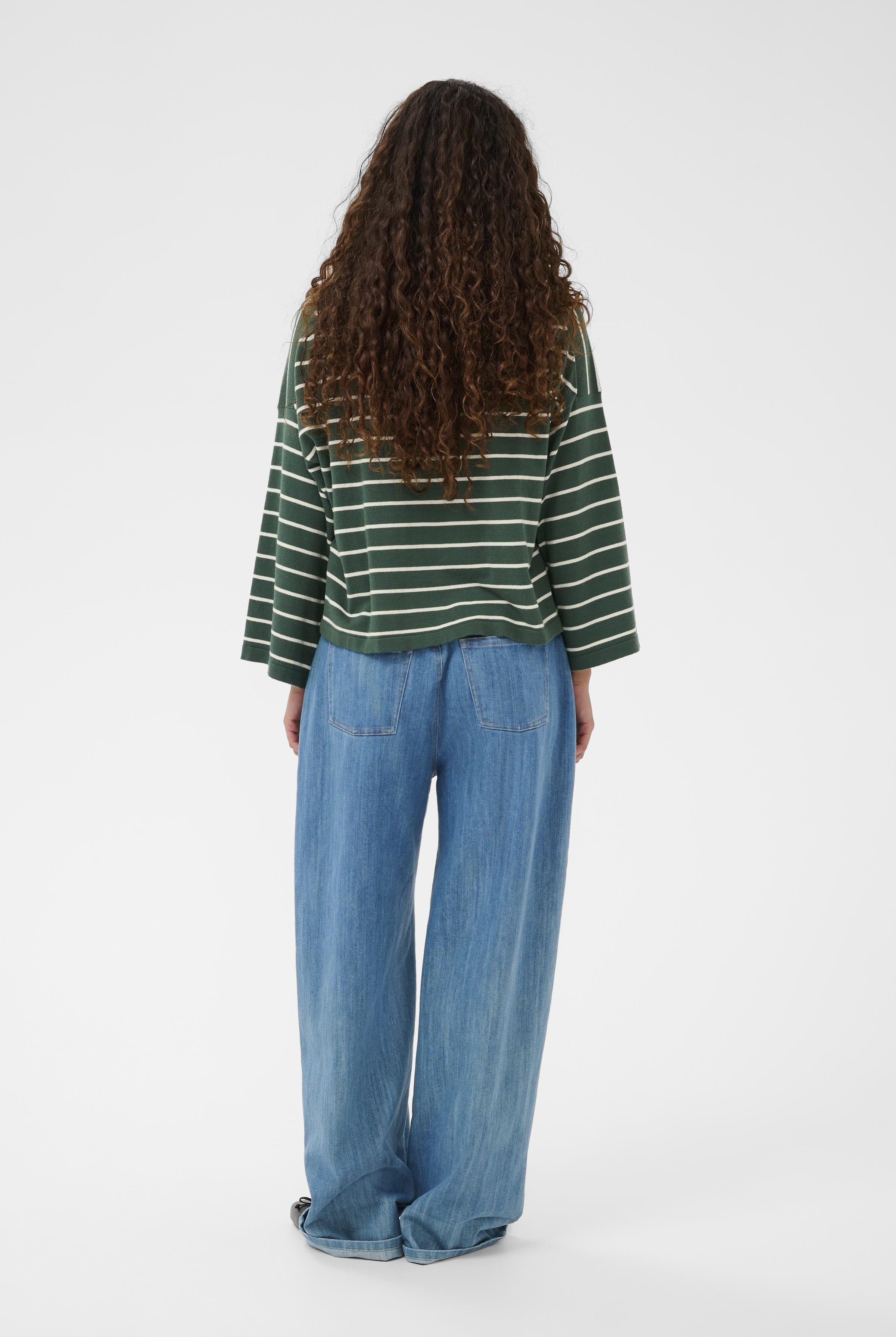 Soaked in Luxury Spina Stripe Boxy Pullover Cropped - Trekking Green/White