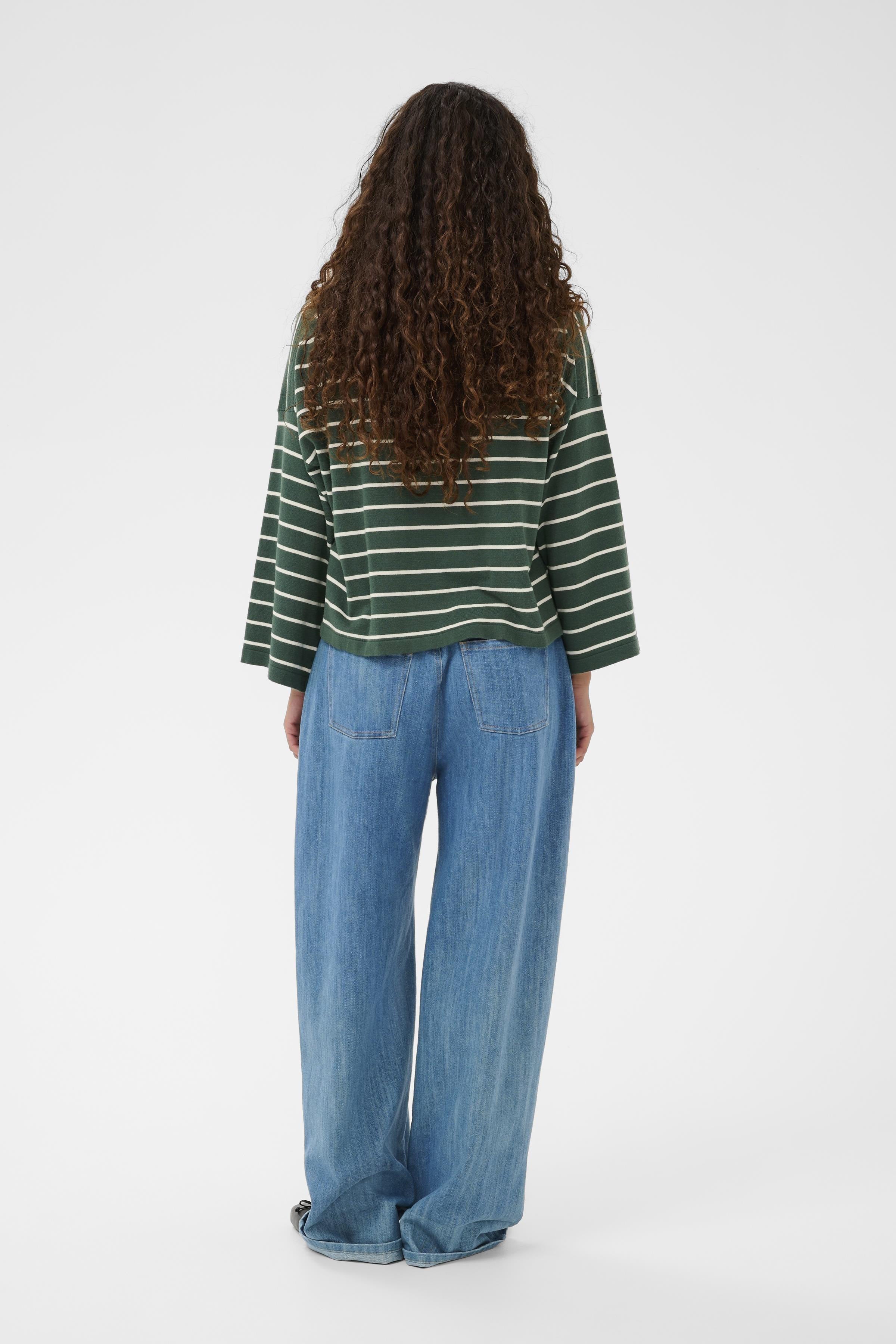 Soaked in Luxury Spina Stripe Boxy Pullover Cropped - Trekking Green/White