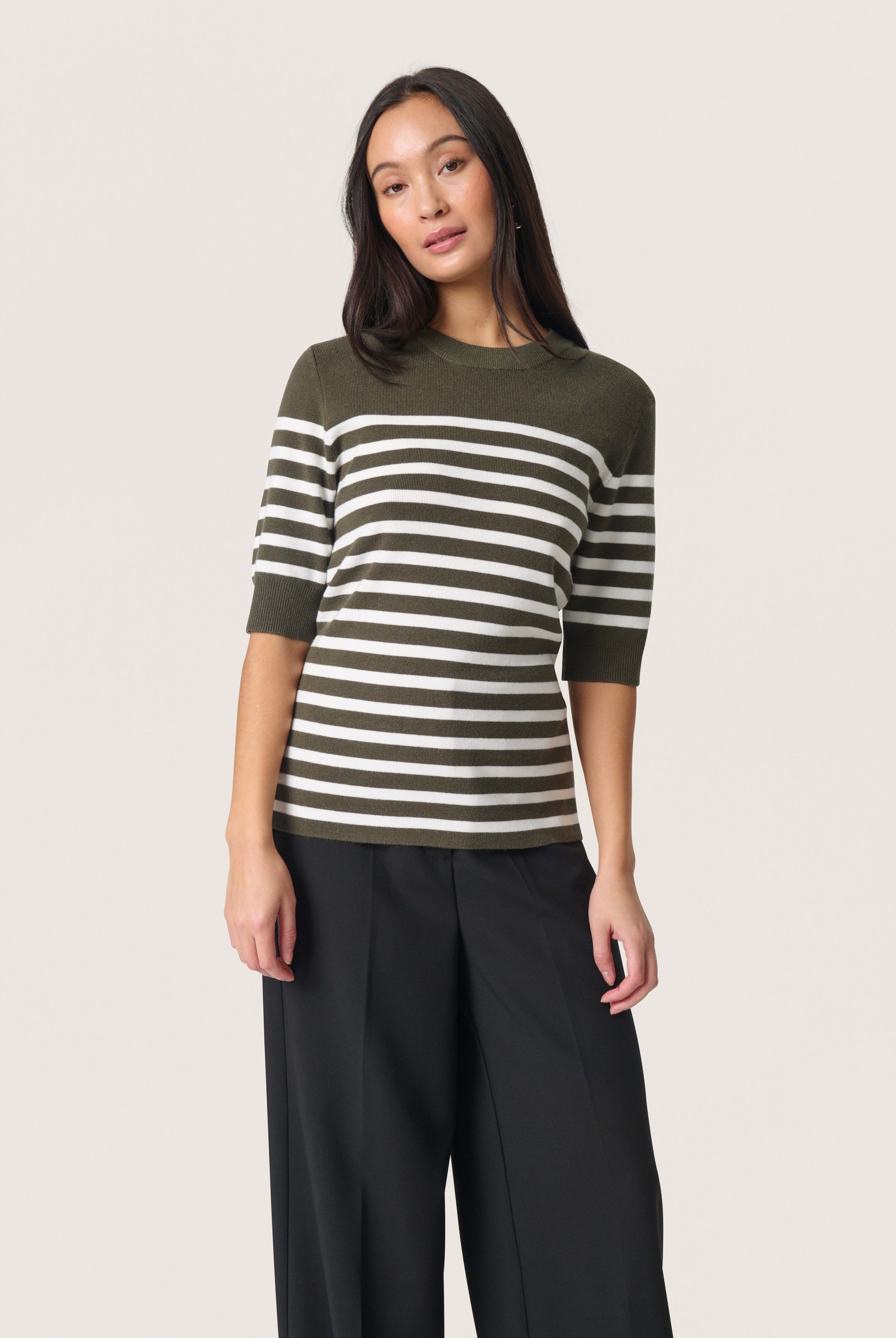 Soaked in Luxury Spina Striped Knitted T-Shirt - Grape Leaf/White Stripe