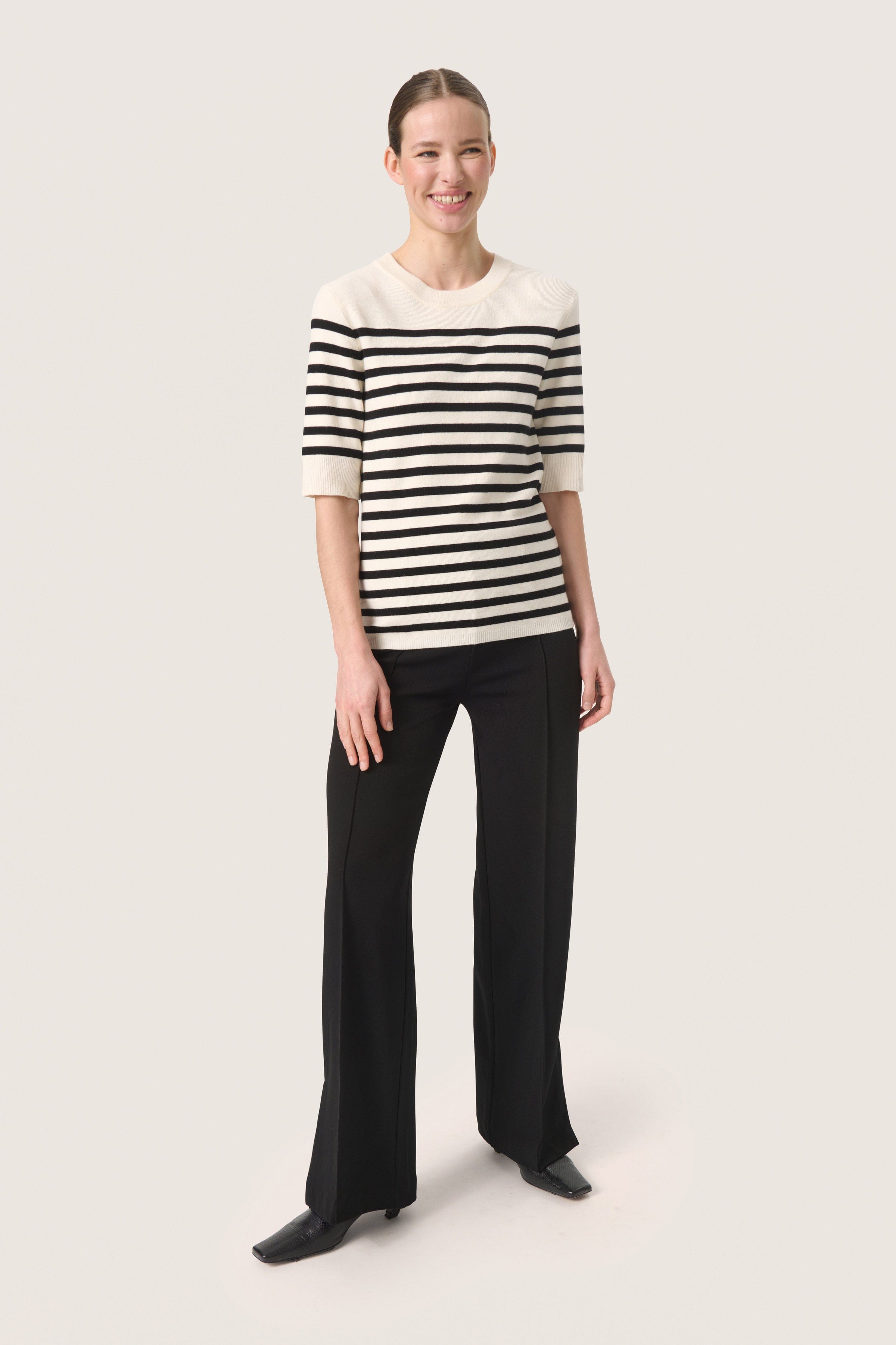 Soaked in Luxury Spina Striped Knitted T-Shirt - White with Black stripe
