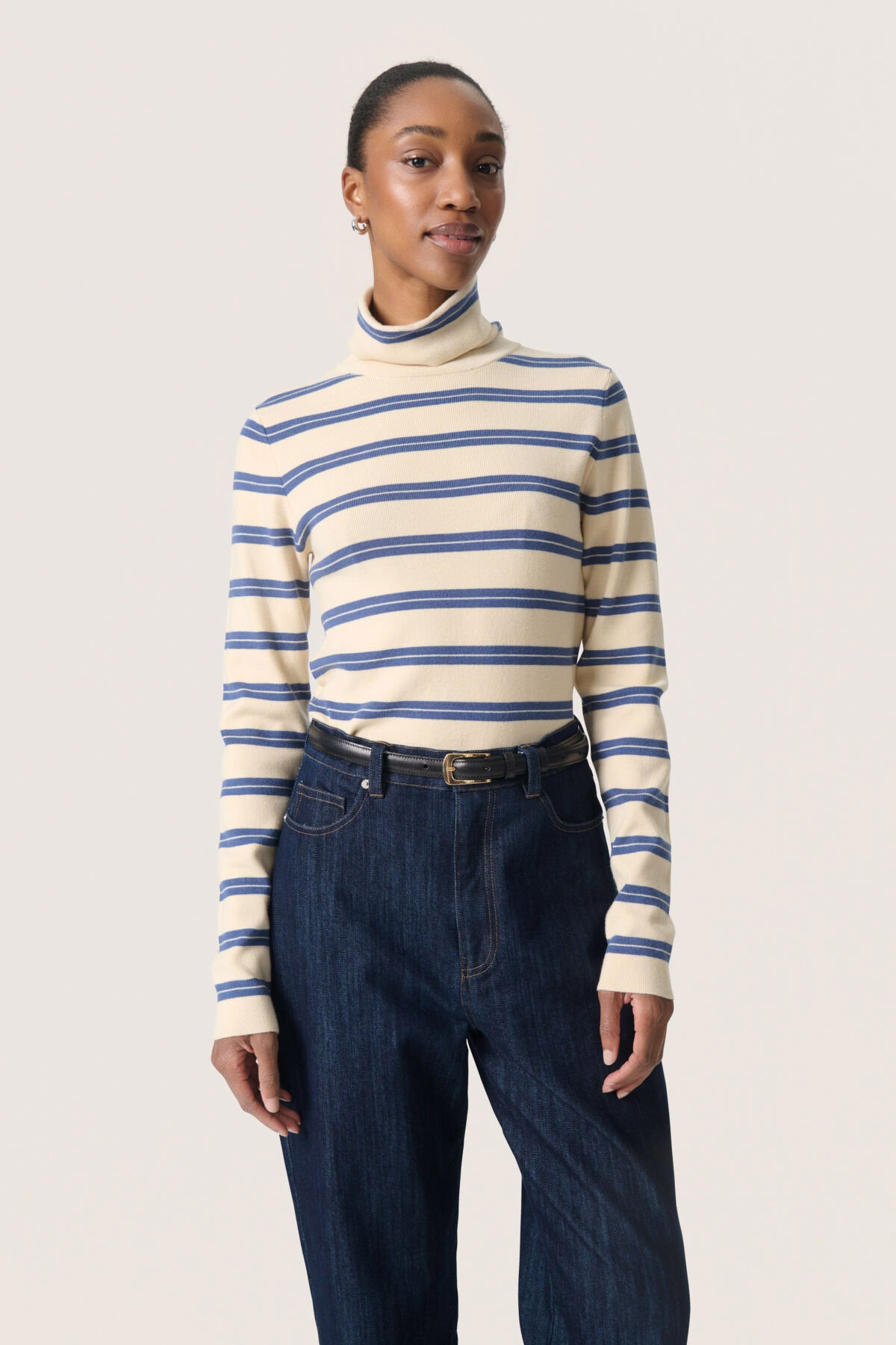 Soaked in Luxury Spina Striped Rollneck - Sandshell with Bijou Blue