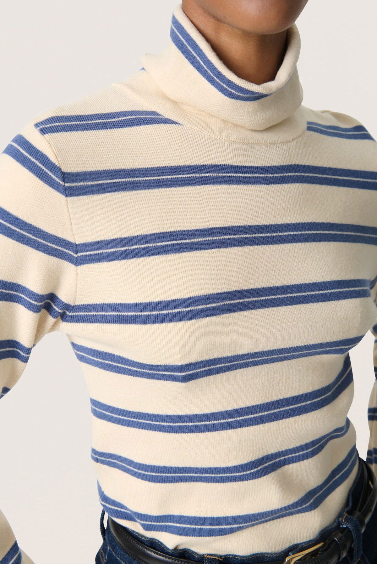 Soaked in Luxury Spina Striped Rollneck - Sandshell with Bijou Blue