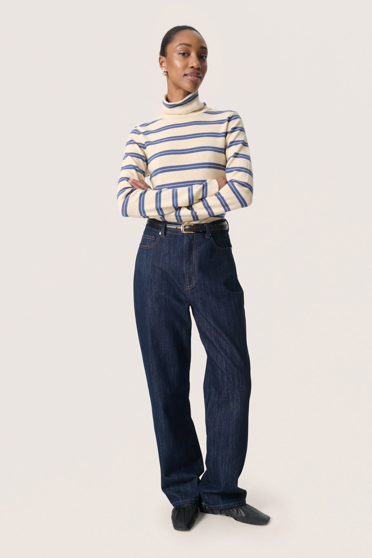 Soaked in Luxury Spina Striped Rollneck - Sandshell with Bijou Blue