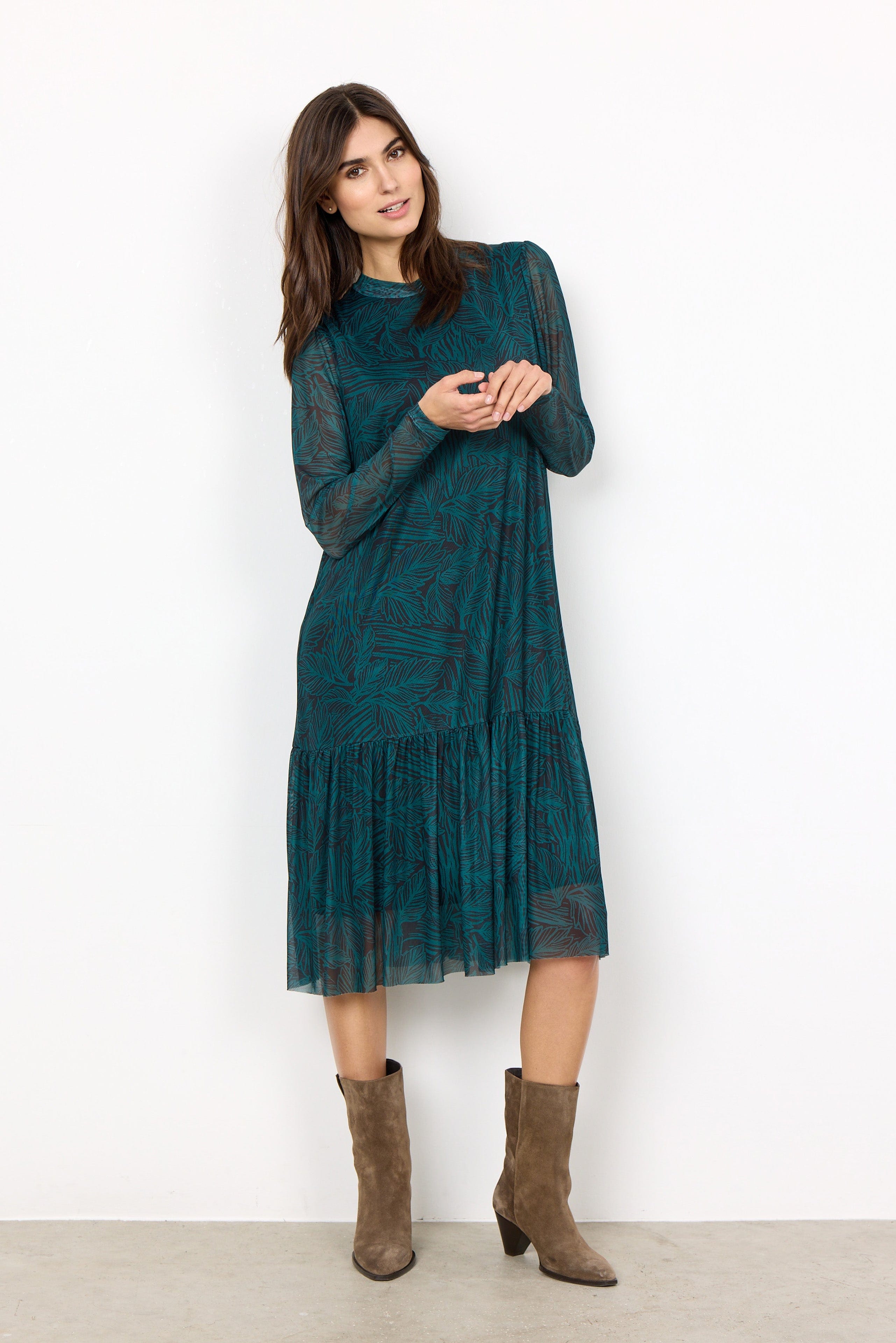 Soya Concept Alda Mesh Printed Dress - Shady Green Combi