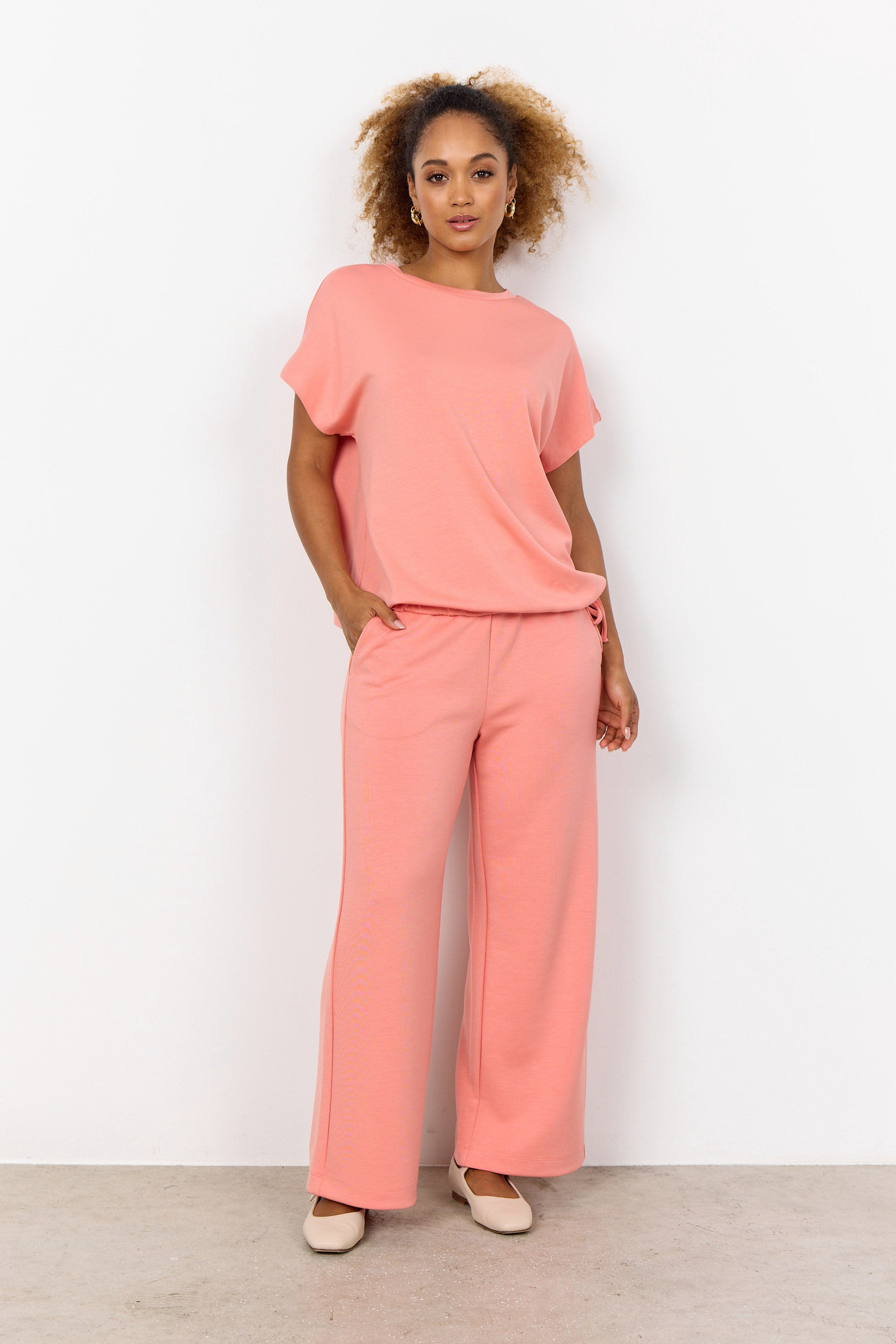 Soya Concept Banu Short Sleeve Top with Draw Cord Hem - Peach Pink