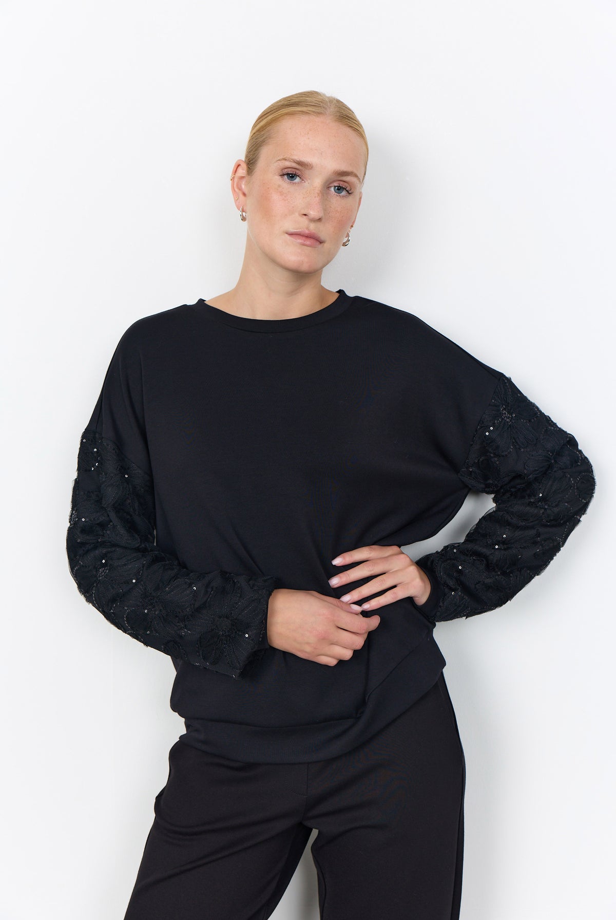 Soya Concept Banu Sweatshirt with Lace Sleeve Detail - Black