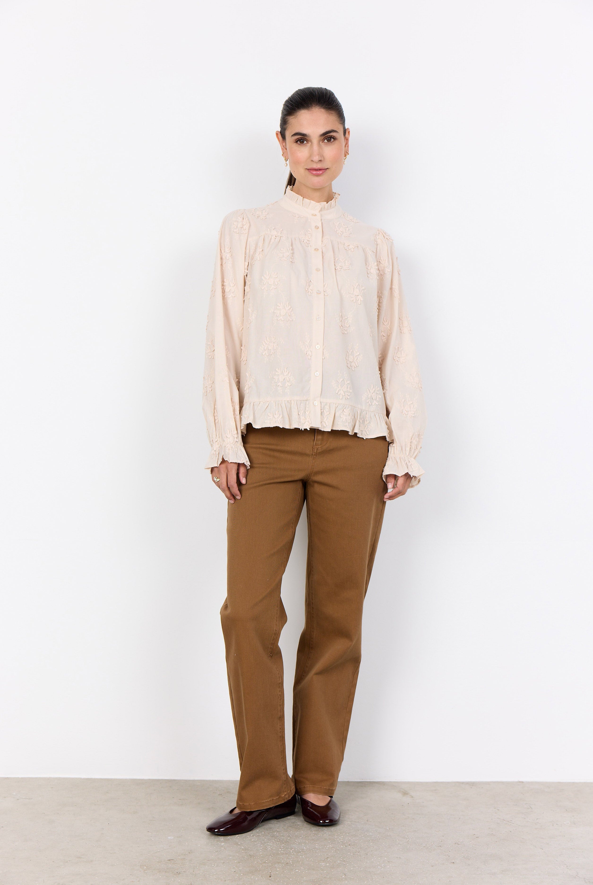 Soya Concept Barbra Cotton Applique Ruffle Detail Blouse - Cream