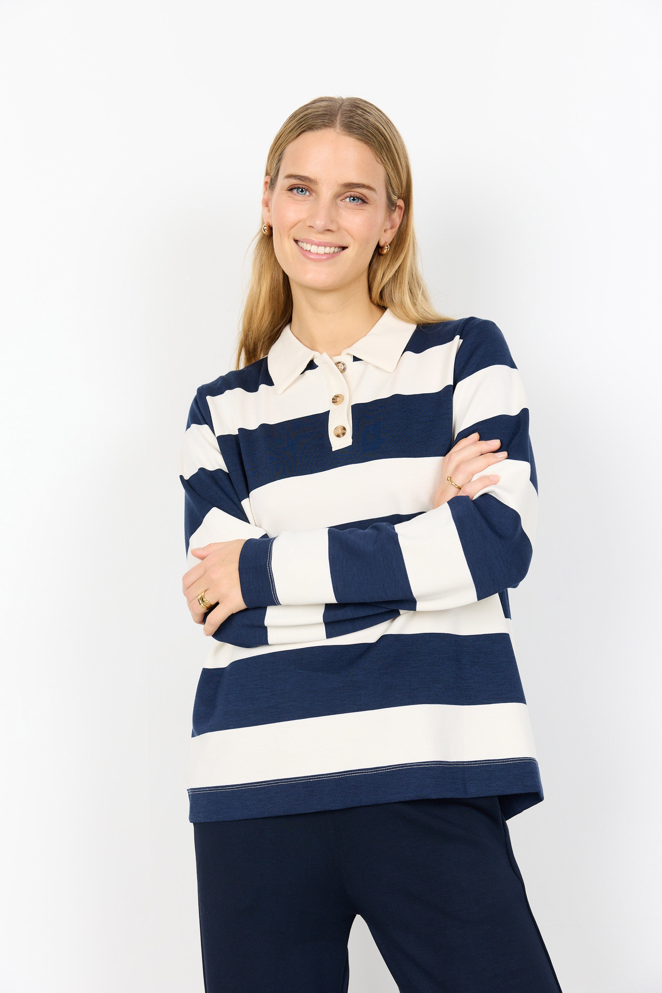 Soya Concept Barni Stripe Collared Sweatshirt - Navy Combi