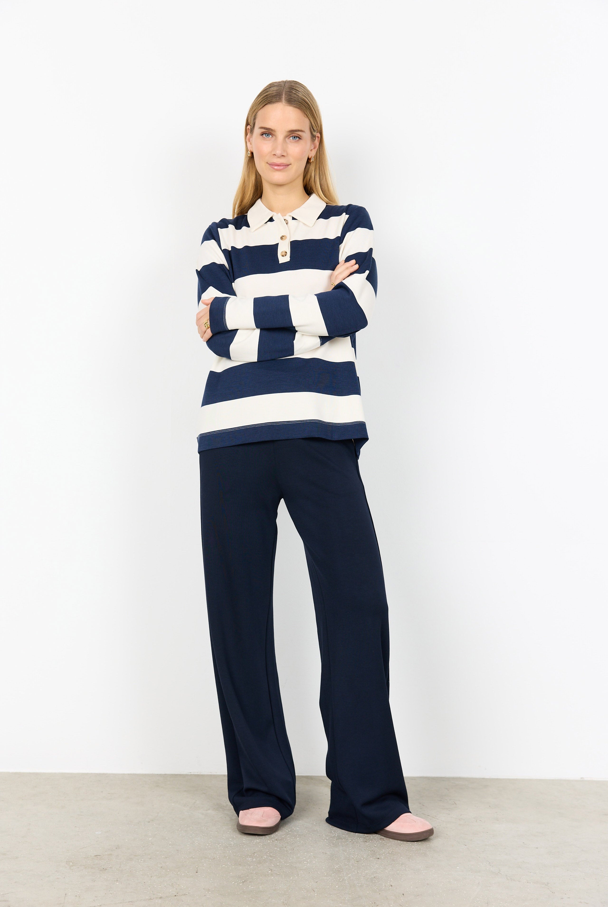 Soya Concept Barni Stripe Collared Sweatshirt - Navy Combi