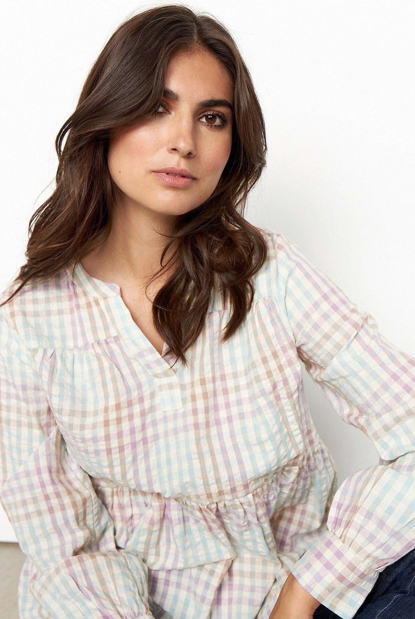 Soya Concept Belma Seersucker Tiered Hem Blouse - Green Haze Combi