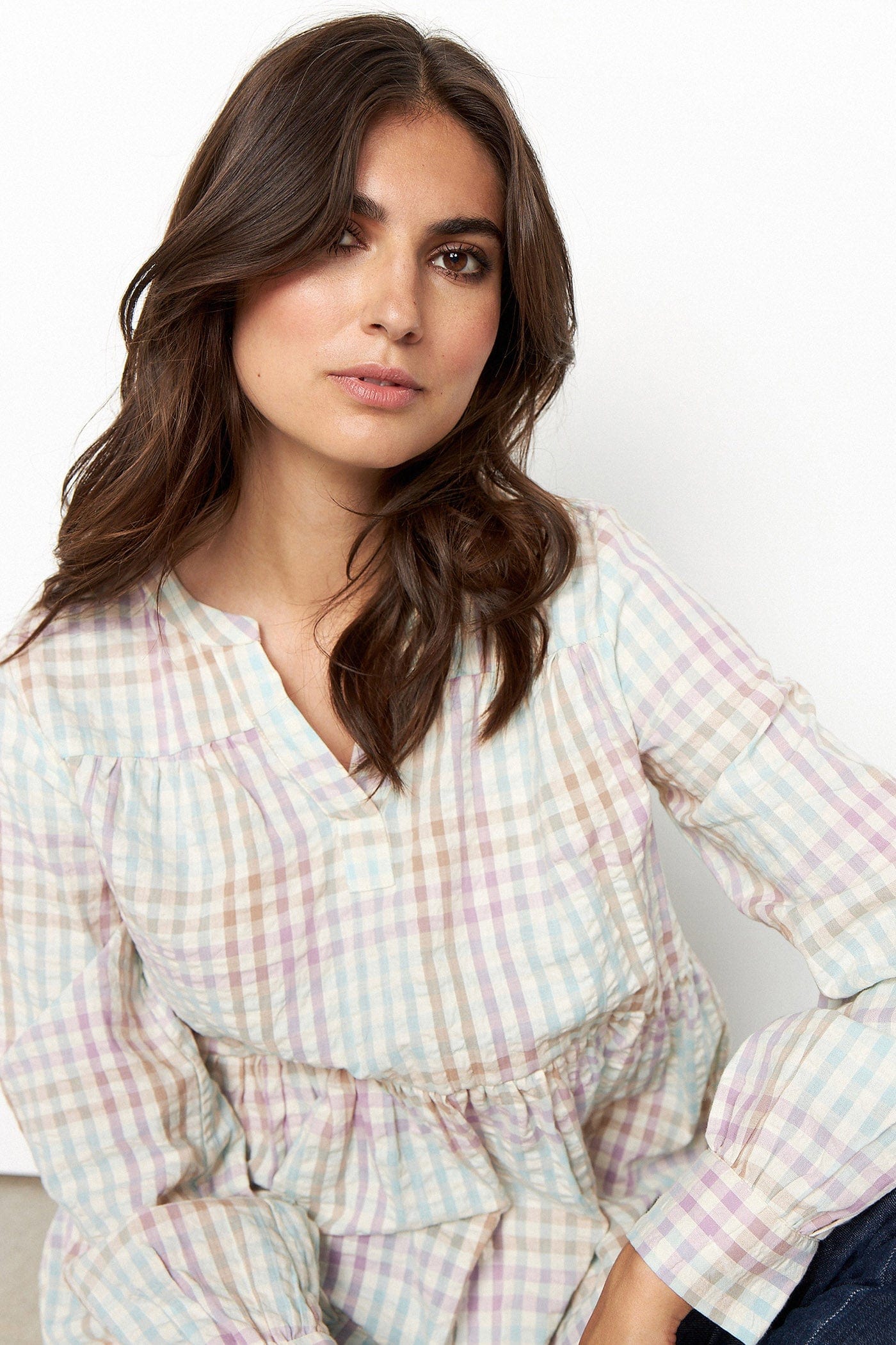 Soya Concept Belma Seersucker Tiered Hem Blouse - Green Haze Combi