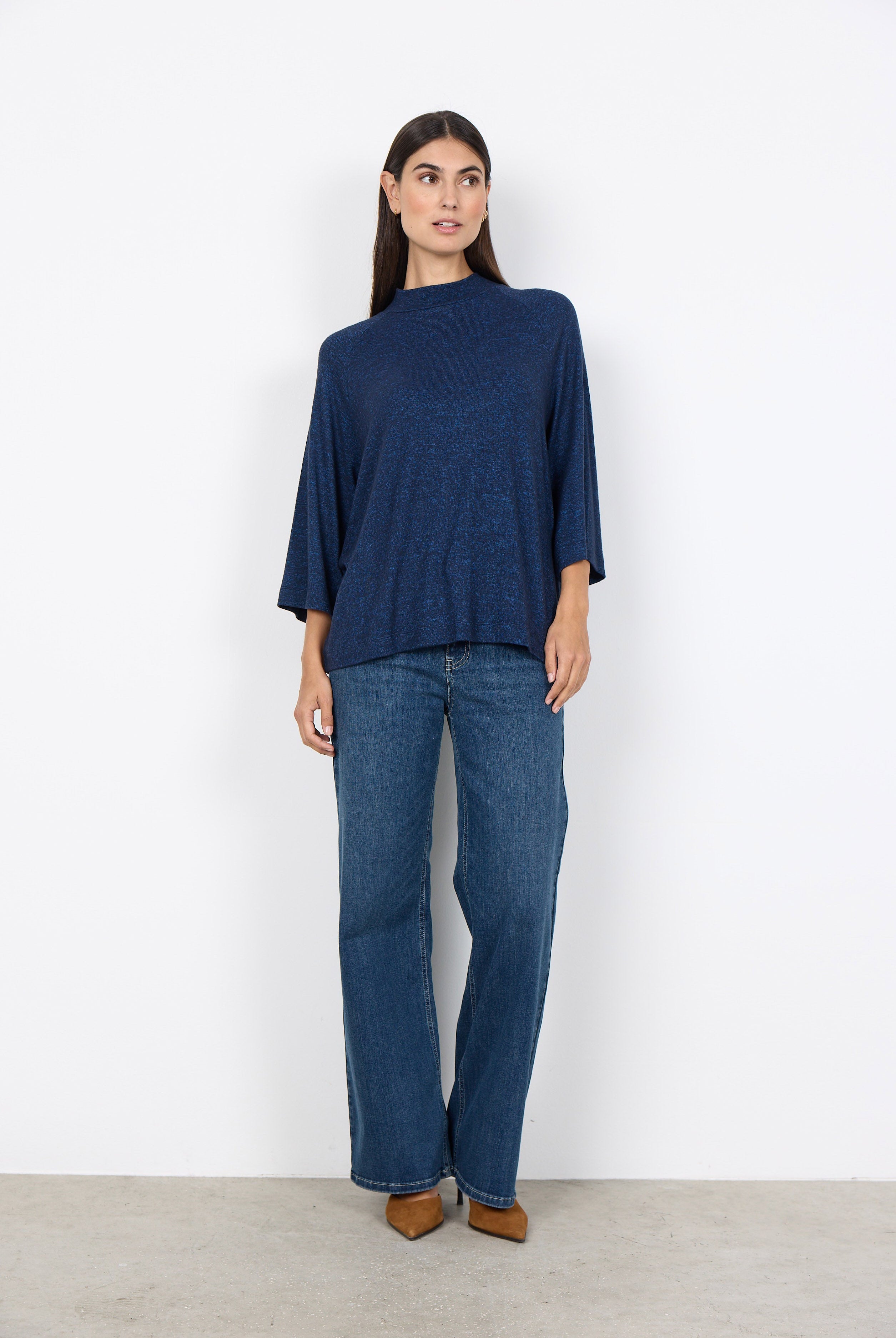 Soya Concept Biara Supersoft High Neck 3/4 Sleeve Jumper - Navy Melange