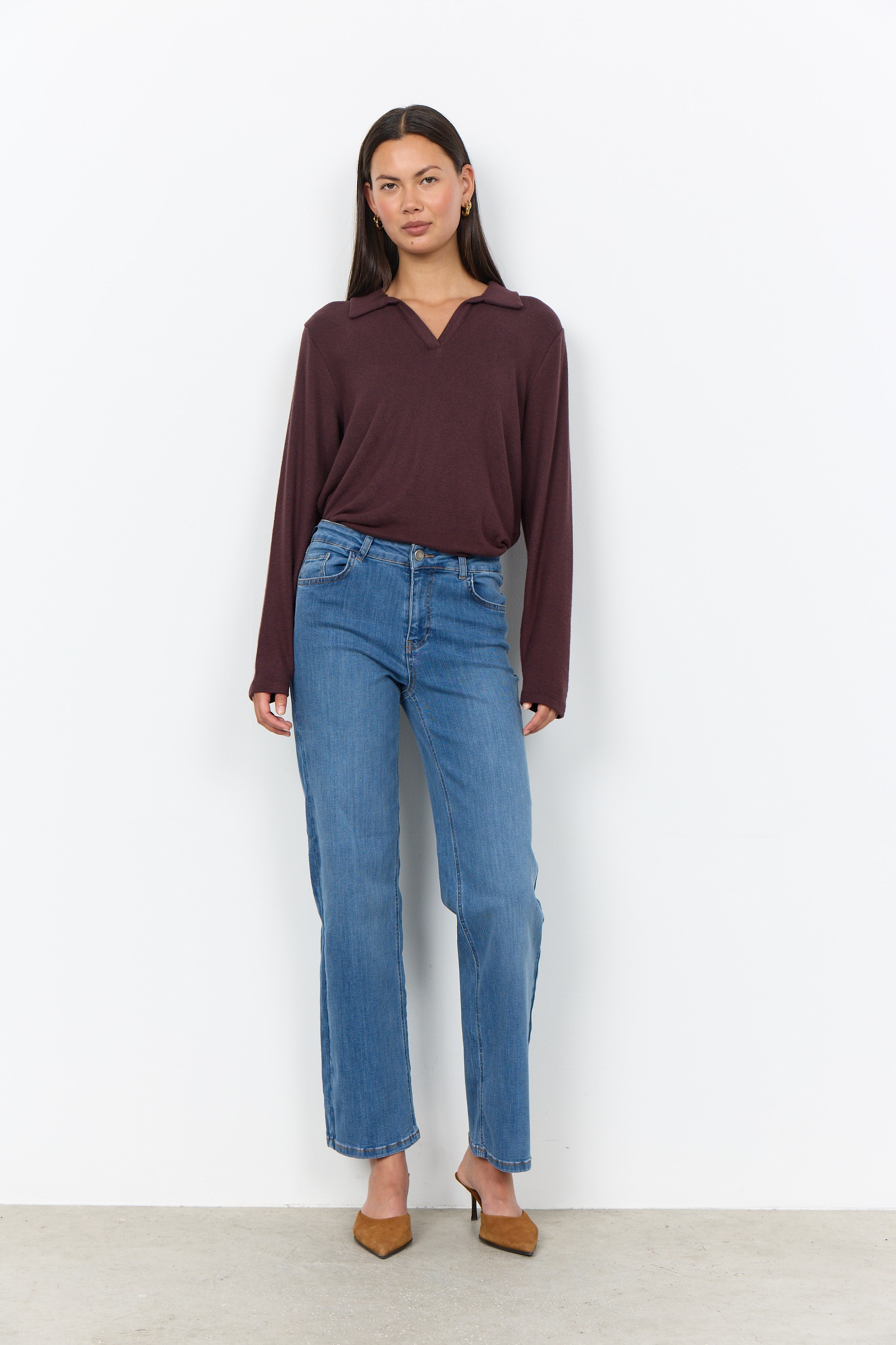 Soya Concept Biara Supersoft Open Collar Top - Chocolate Plum Melange
