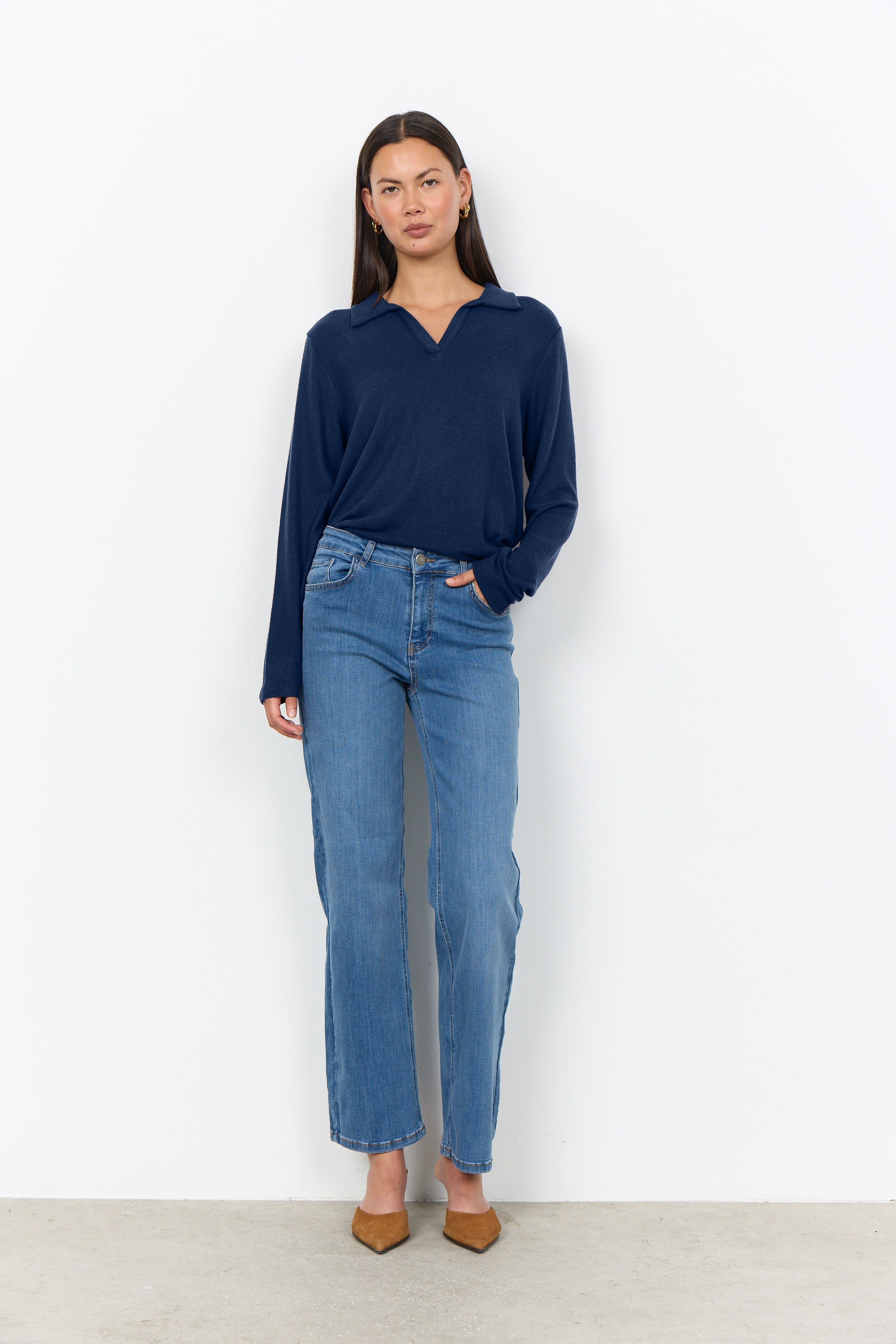 Soya Concept Biara Supersoft Open Collar Top - Navy Melange