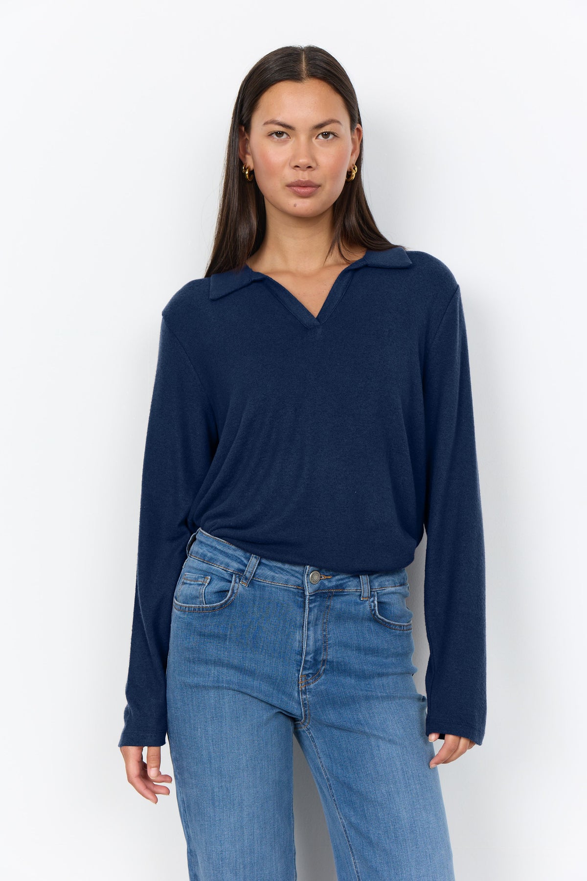Soya Concept Biara Supersoft Open Collar Top - Navy Melange