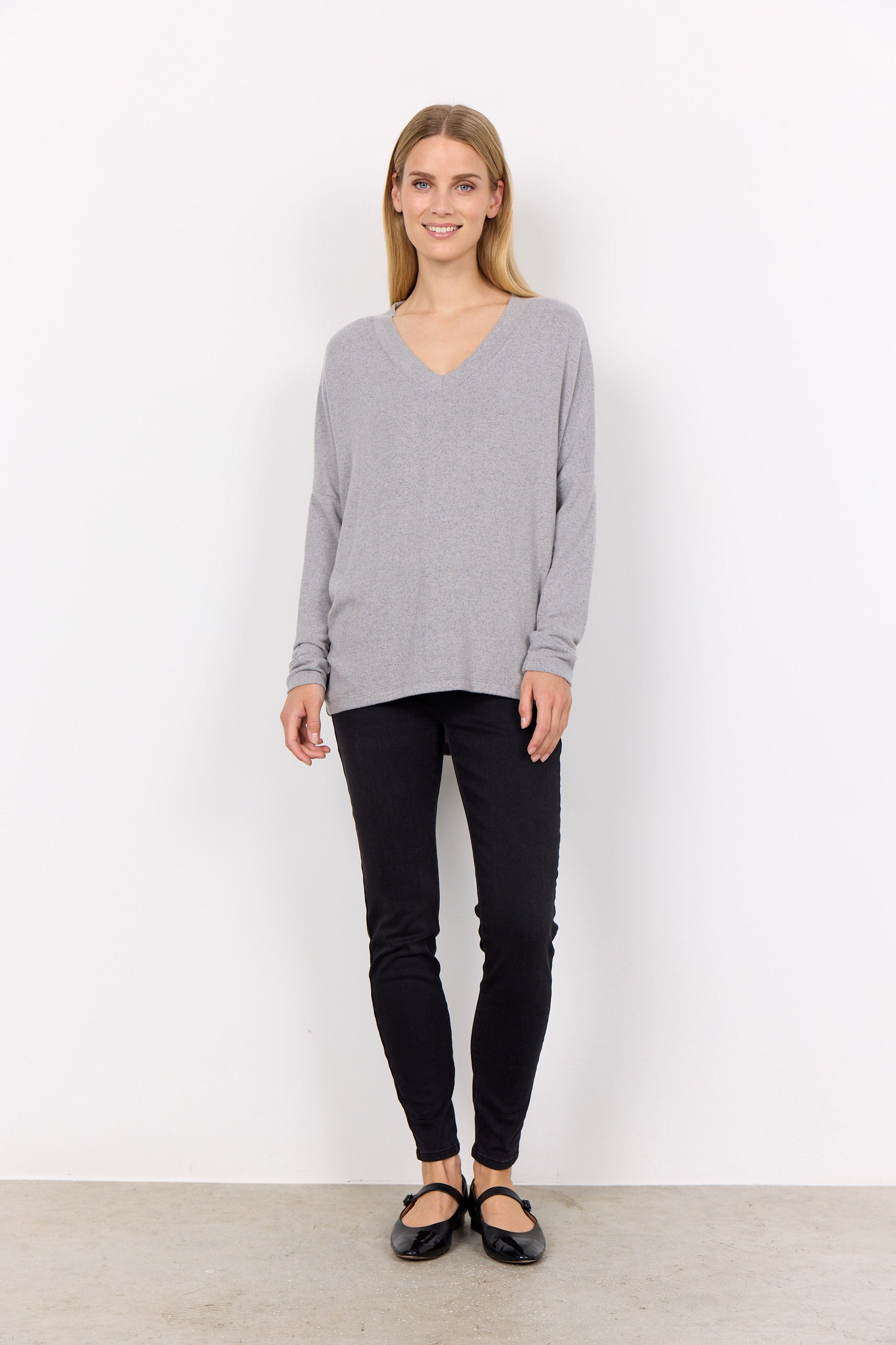 Soya Concept Biara Supersoft V-Neck Jumper - Mid Grey Melange