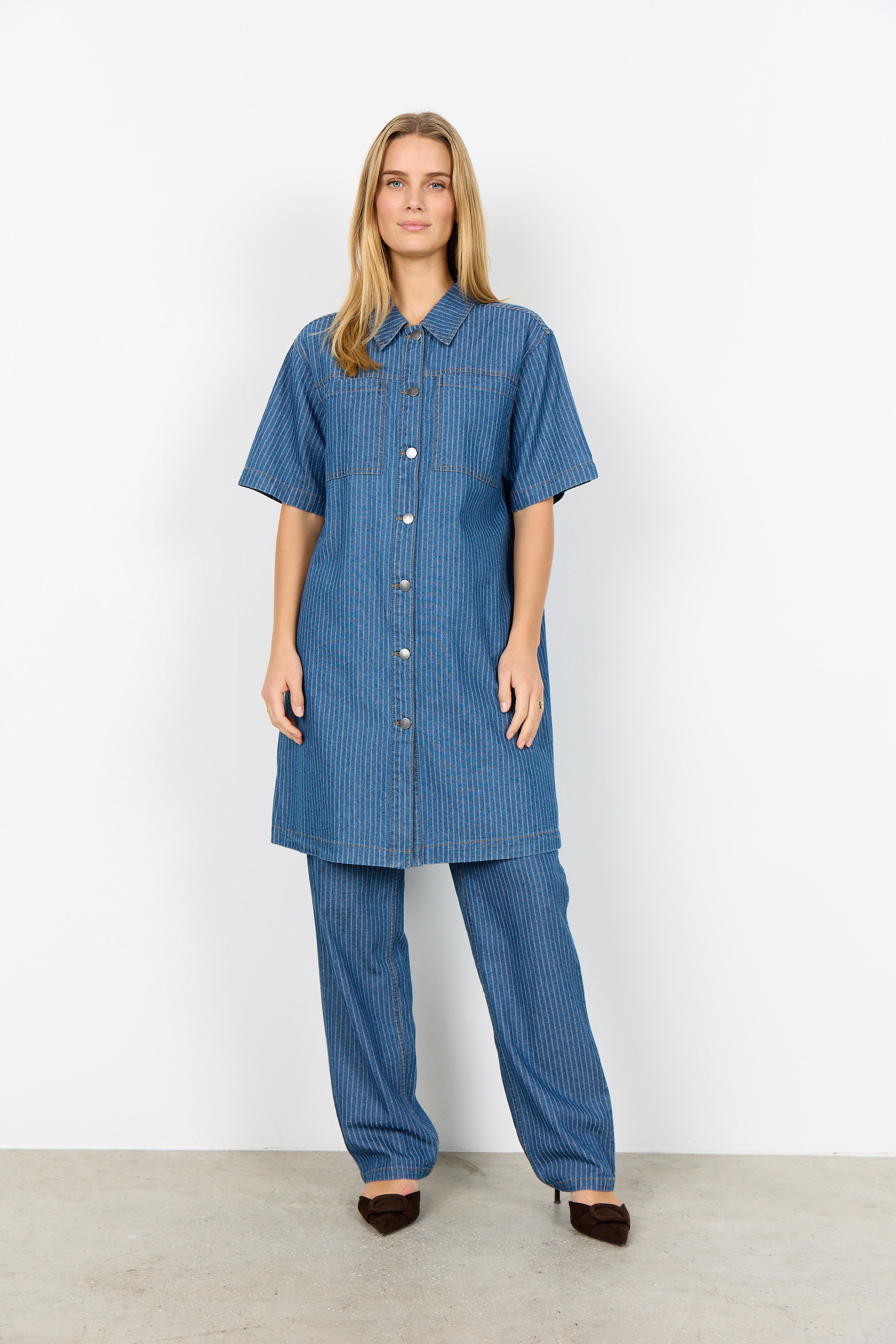 Soya Concept Caisho Denim Pinstripe Shirt Dress - Moonlight Blue Denim