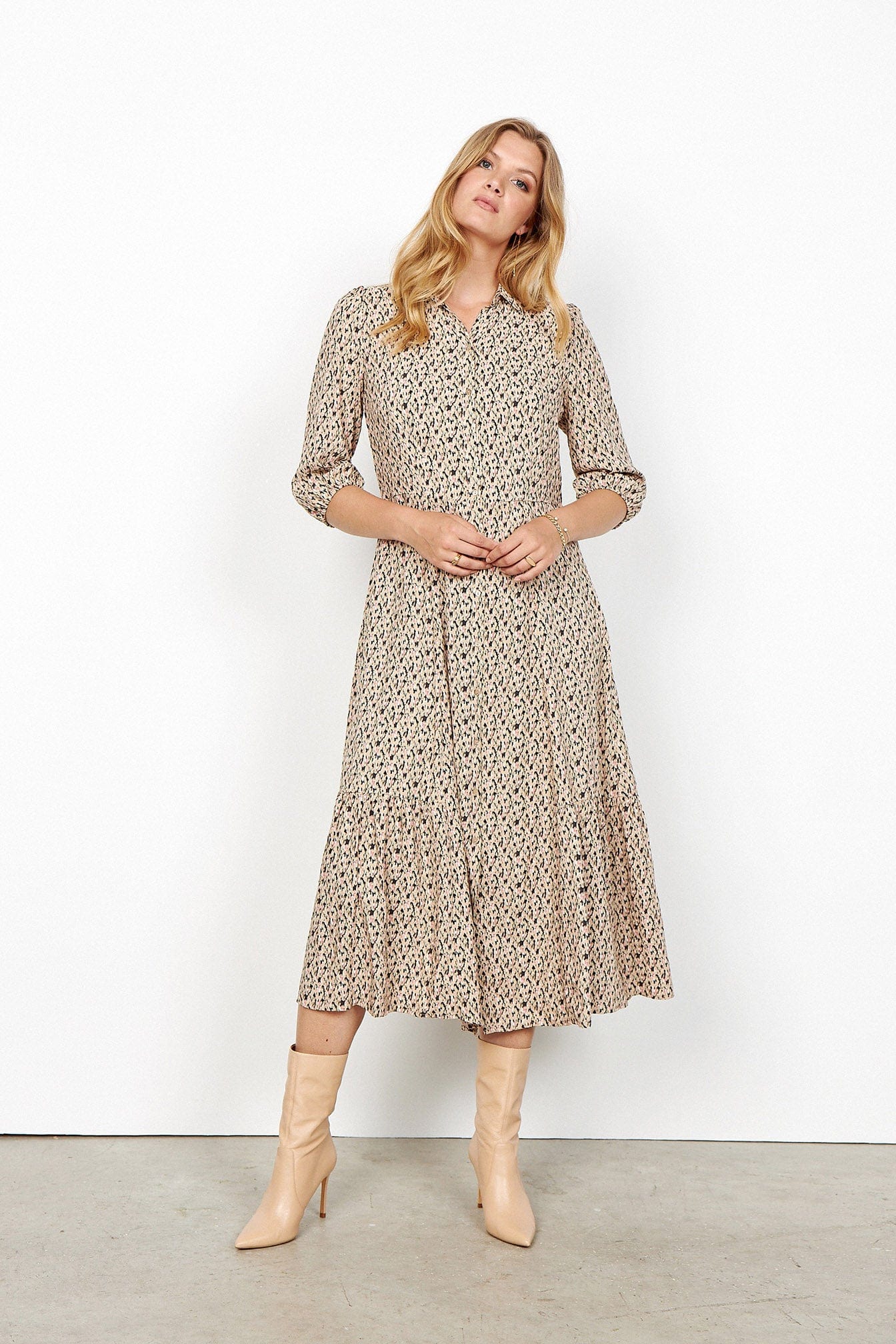 Soya Concept Carice Printed Dropped Hem Midi Dress - Pale Rose