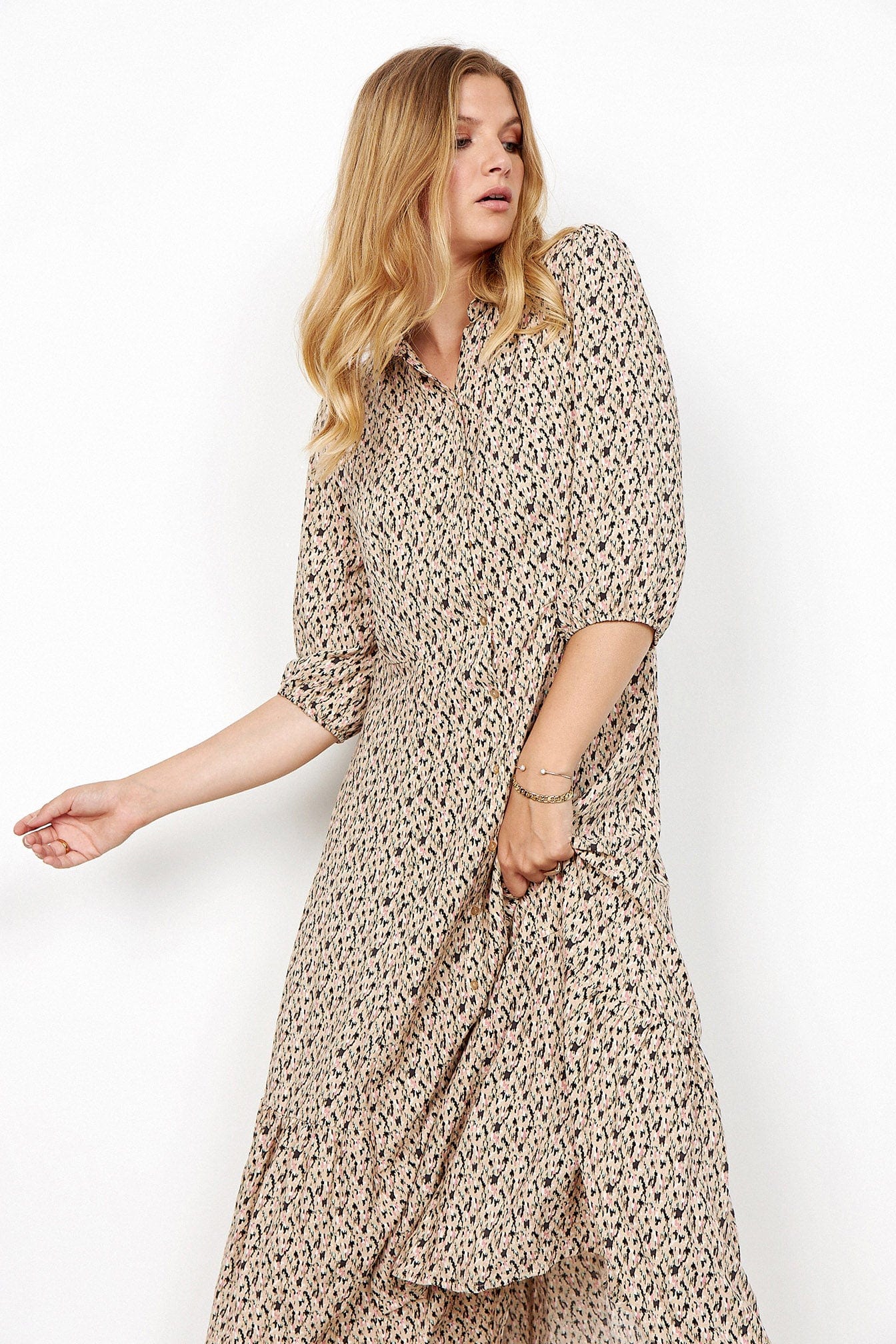 Soya Concept Carice Printed Dropped Hem Midi Dress - Pale Rose