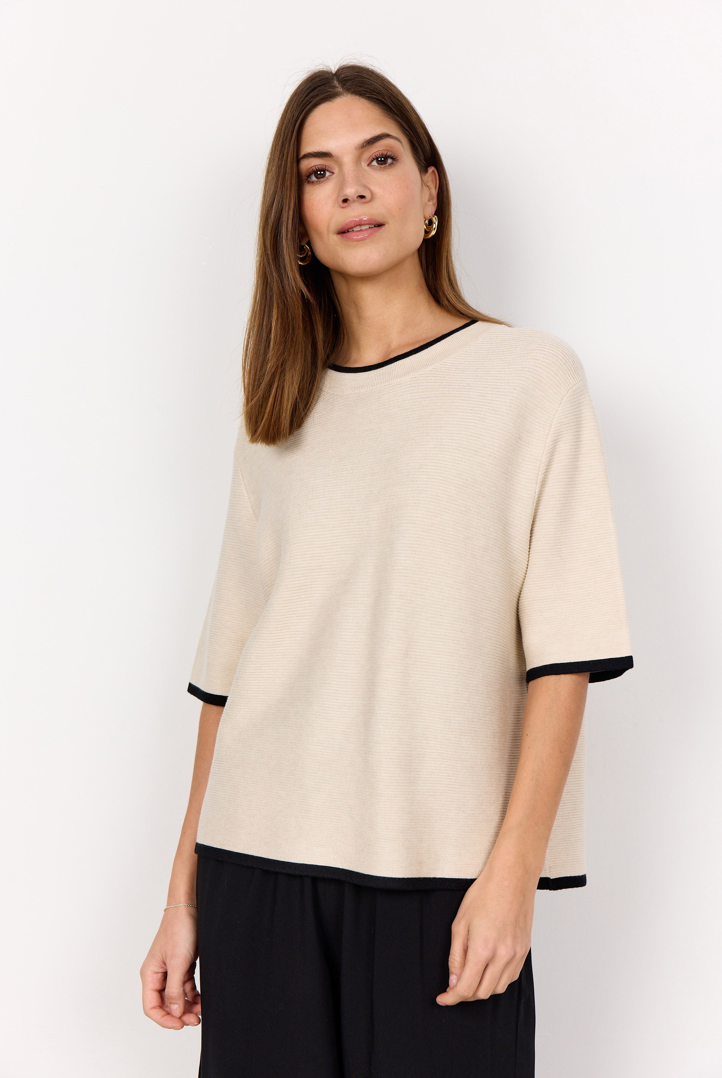 Soya Concept Dollie Knit Contrast Trim Short Sleeve Jumper - Cream Melange