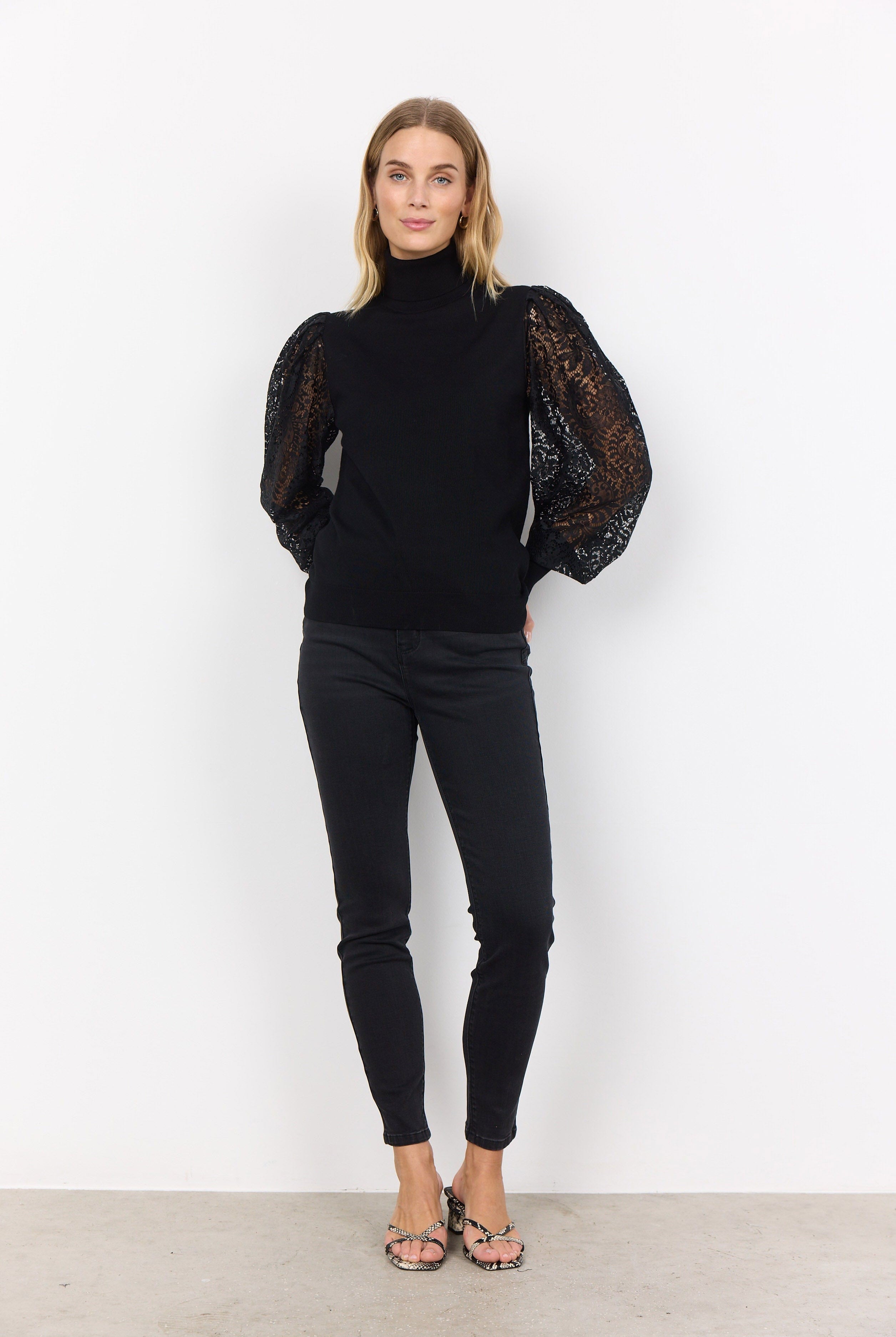 Soya Concept Dollie Knitted Jumper with Lace Sleeves - Black
